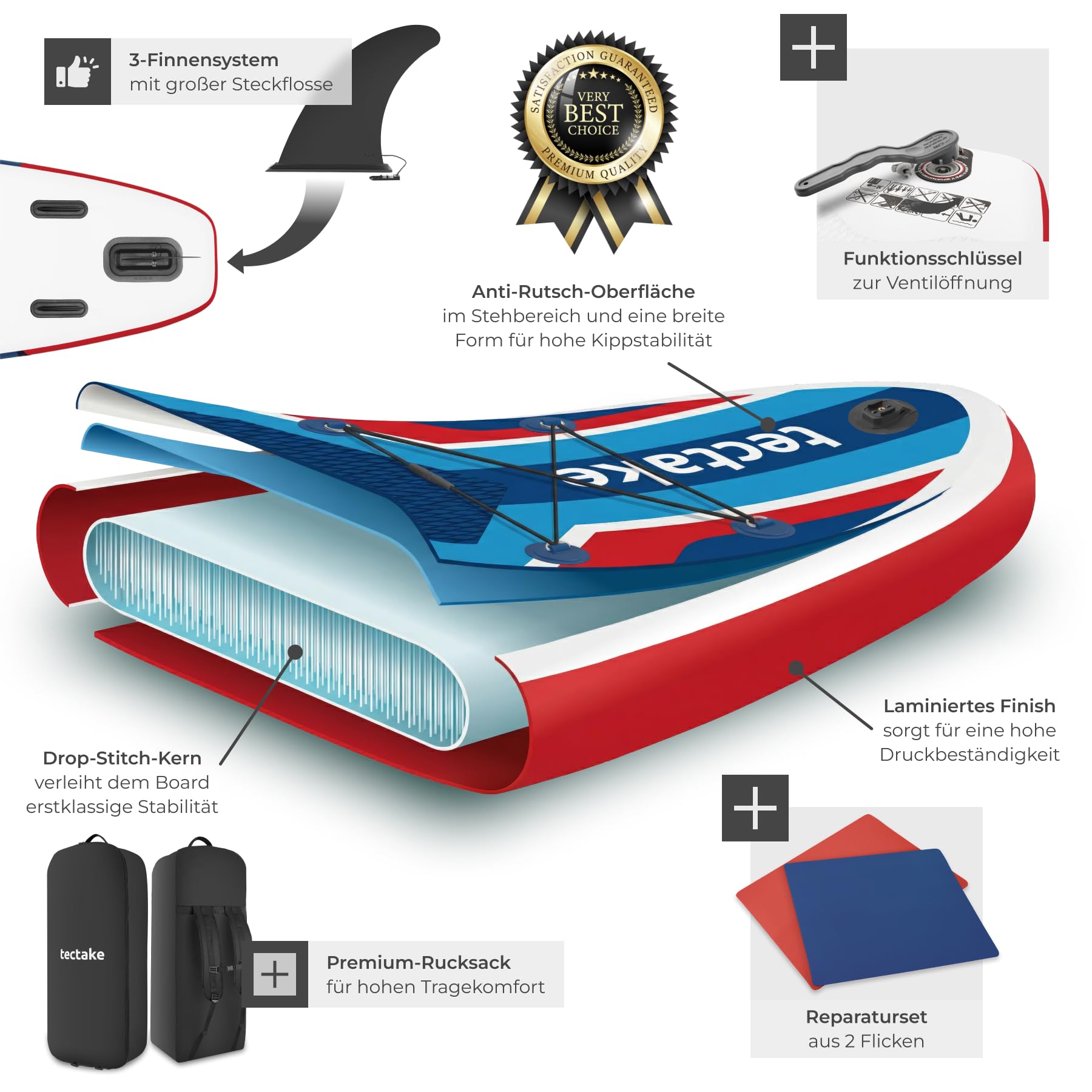 tectake® Stand-Up Paddle Board, 320 cm, aufblasbar, Kajak-Sitz, rutschfest