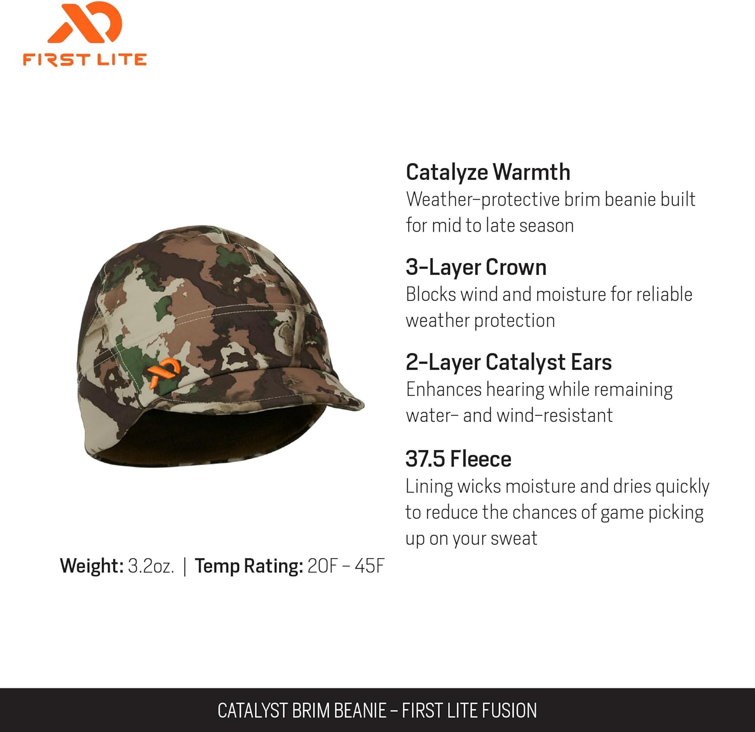 First Lite Catalyst Brim Beanie - Warm Fleece Camo Hunting Hat