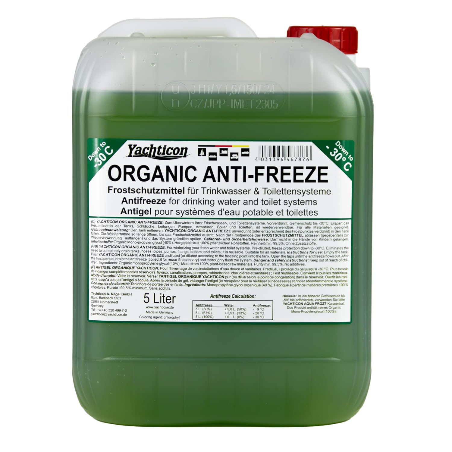 YACHTICON Organic Anti-Freeze 5 litri antigelo per sistemi di acqua potabile e toilette, prodotto in Germania, pronto all'uso, diluibile, riutilizzabile, qualità vegetale USP