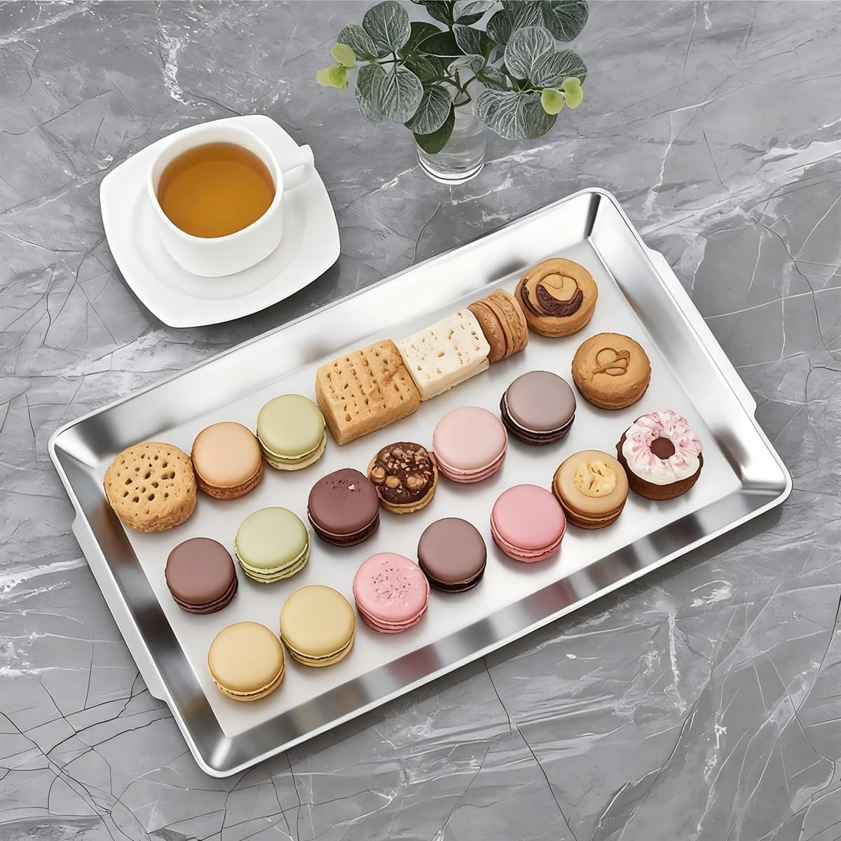40x24cm große Servierplatten, 2er Set,robuste große Serviertabletts aus Edelstahl, Silber rechteckige Tablett für Essen, Obst, Party, Hochzeit, Weihnachten
