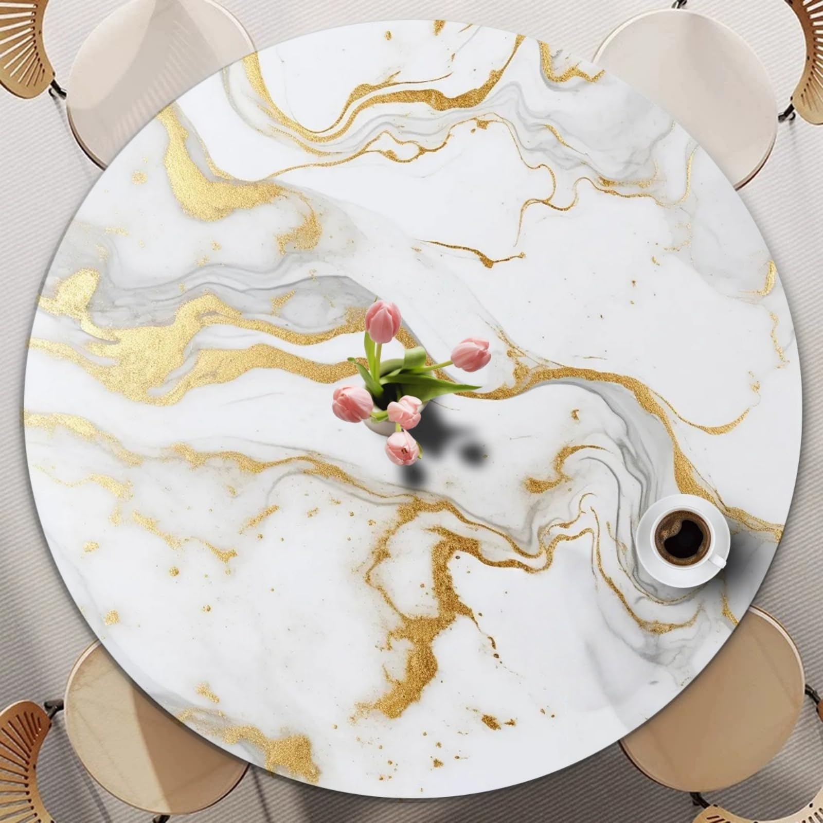 Odot Round Tablecloth Wipe Clean 60-140cm, White Marble Round Outdoor Table Cover Fitted Elastic Edged Washable Circle Table Cloth Protector Decorative for Kitchen Dining Room (Ocean,110cm)
