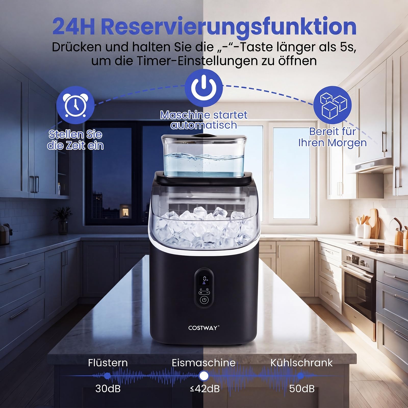 COSTWAY 1,5L Eiswürfelmaschine, Ice Maker 15kg in 24H | Eismaschine 16 Eiswürfel in 13min, Eiswürfelbereiter inkl. Schaufel/Timer/Selbstreinigungsfunktion (Schwarz)