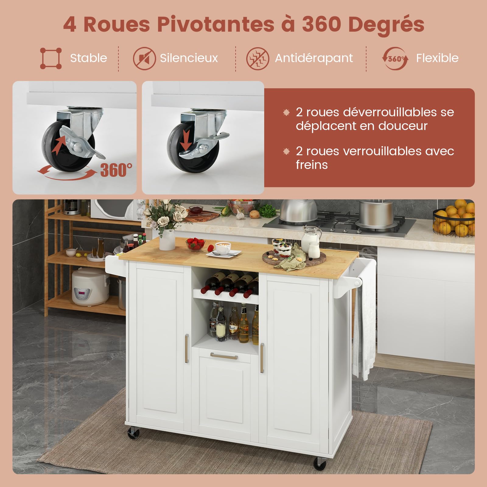 COSTWAY Desserte de Cuisine sur roulettes, Ilot Central Cuisine avec Plan de Travail Extensible Rabattable en Bois d'hévéa, Chariot de Service avec Tiroir, Porte-Bouteilles, Porte-Serviettes (Blanc)