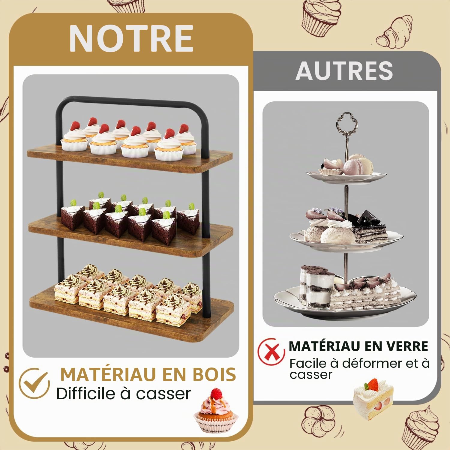 IBUYKE Présentoir à Gâteaux,Lot de 2,Support Gateau,Marron TLJ013H-2 | Présentoir Buffet Tour à Cupcakes Présentoir à pâtisseries pour Mariage Fêtes Baby Shower