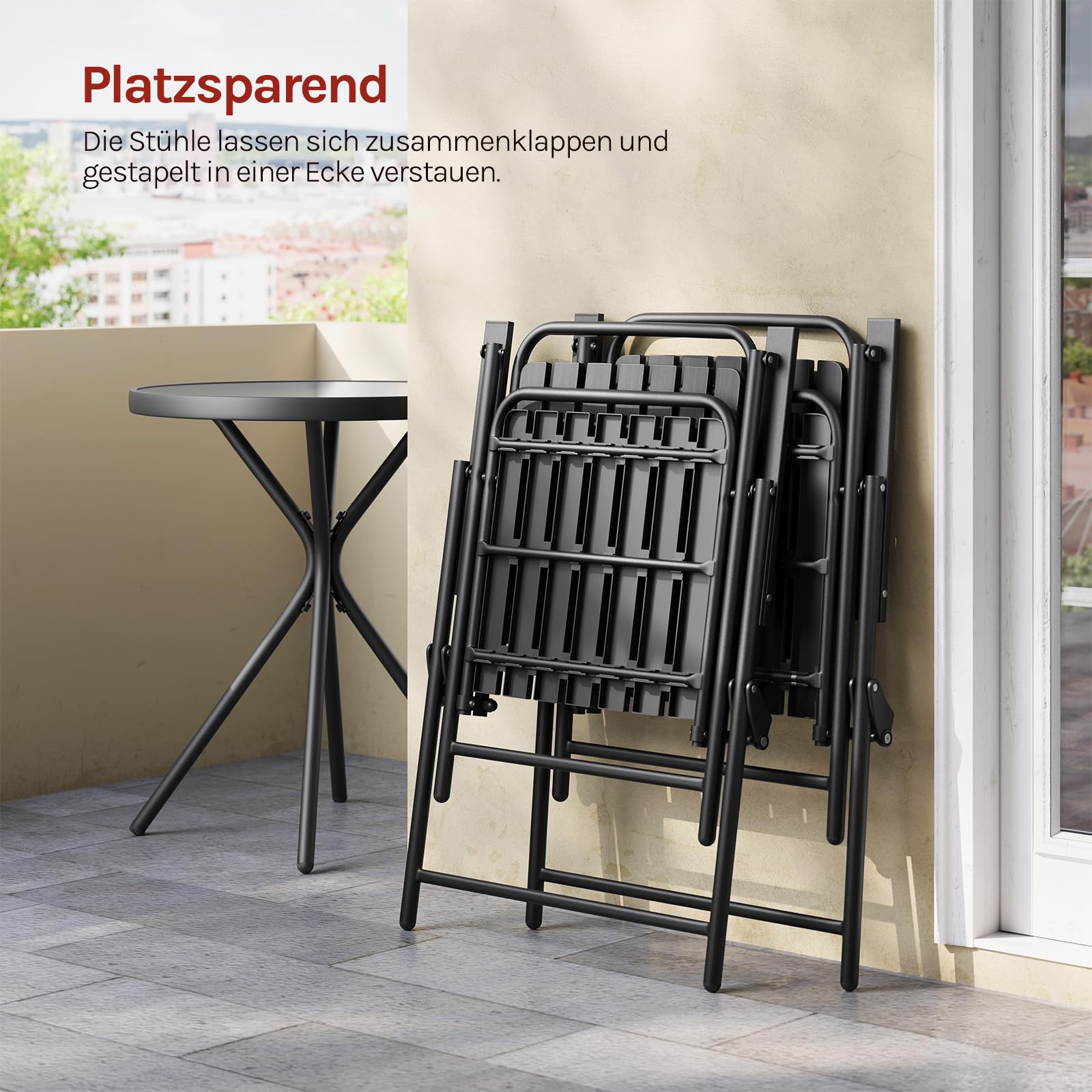 WOLTU Balkonmöbel 3 teilig Balkonstuhl Klappbar mit Balkontisch Runder Bistrotisch mit 2 Stühlen Gartenstühle bis 160 kg belastbar Wetterfest & Stabil, Gartenmöbel für Balkon Terrasse Garten, Schwarz