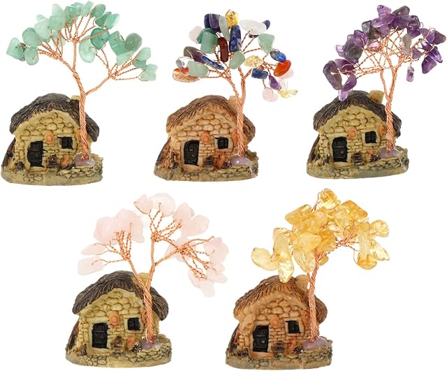Happyyami Chakra Crystal Tree Gem Tree Feng Shui Decor Crystal Bonsai Tree Chakra Tree of Life Decor Gemstone and Crystals Spiritual Tree Chakra Crystal Gifts 5pcs Green Yellow Pink Purple
