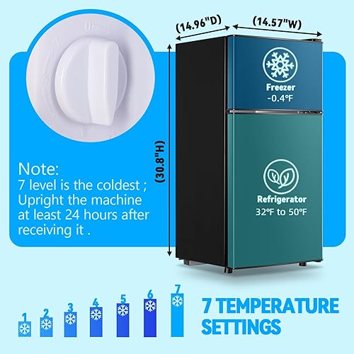 Miniatura 4 de Mini refrigerador con congelador de 2.4 pies cúbicos Mini refrigerador congelador puertas dobles 7 modos de temperatura traje para apartamento,