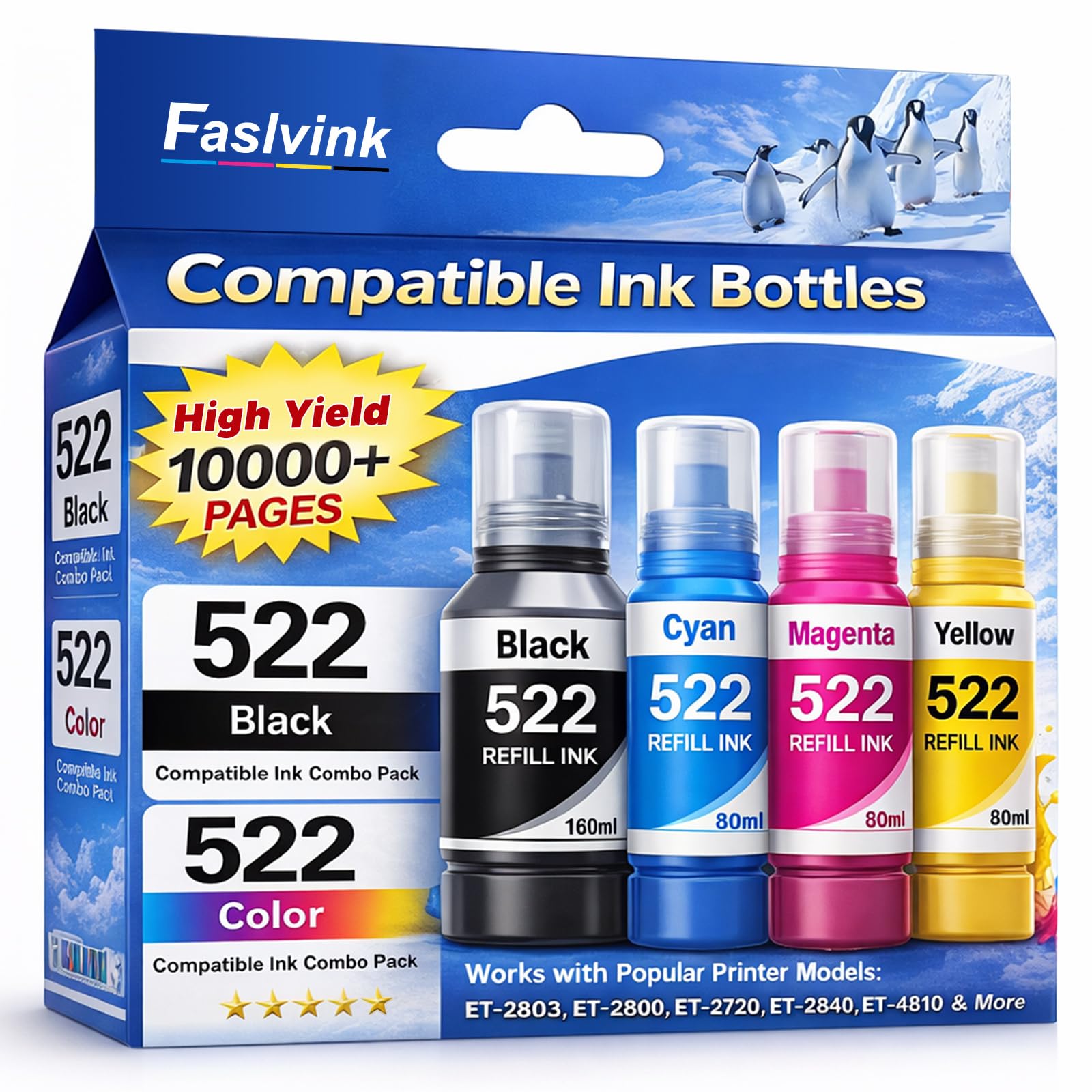 522 Ink Refill Bottles High Capacity Replacement for Epson 522 Ink Use for Epson Ecotank ET-2800 ET-4800 ET-2400 ET-2803 ET-2720 ET-4810 ET-4700 ET-