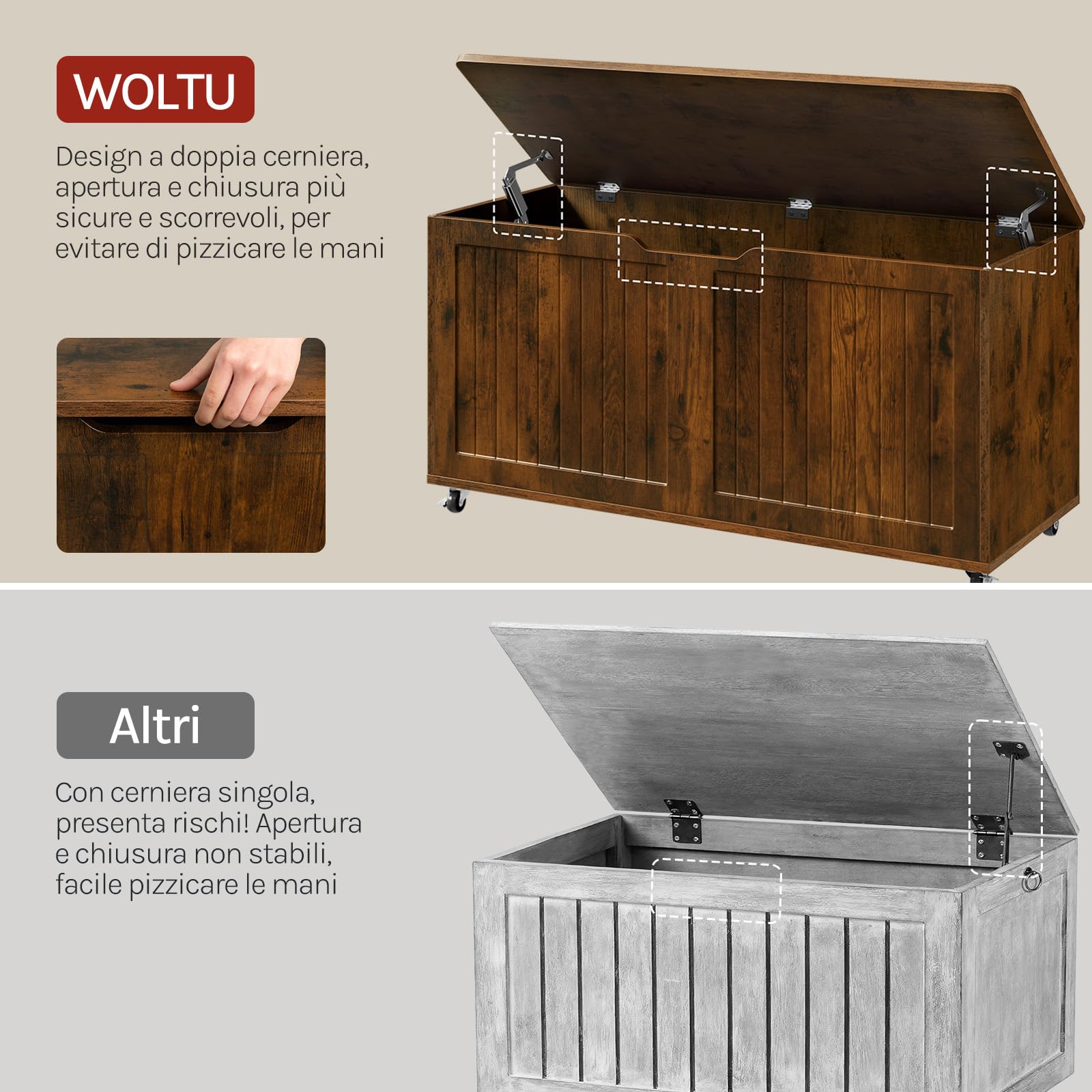 WOLTU Panca Contenitore con Ruote e 2 Cerniere di Sicurezza, Cassapanca Multiuso 100x40x50,5 cm, per Camera da Letto, Ingresso, Soggiorno, in Legno, Marrone Rustico