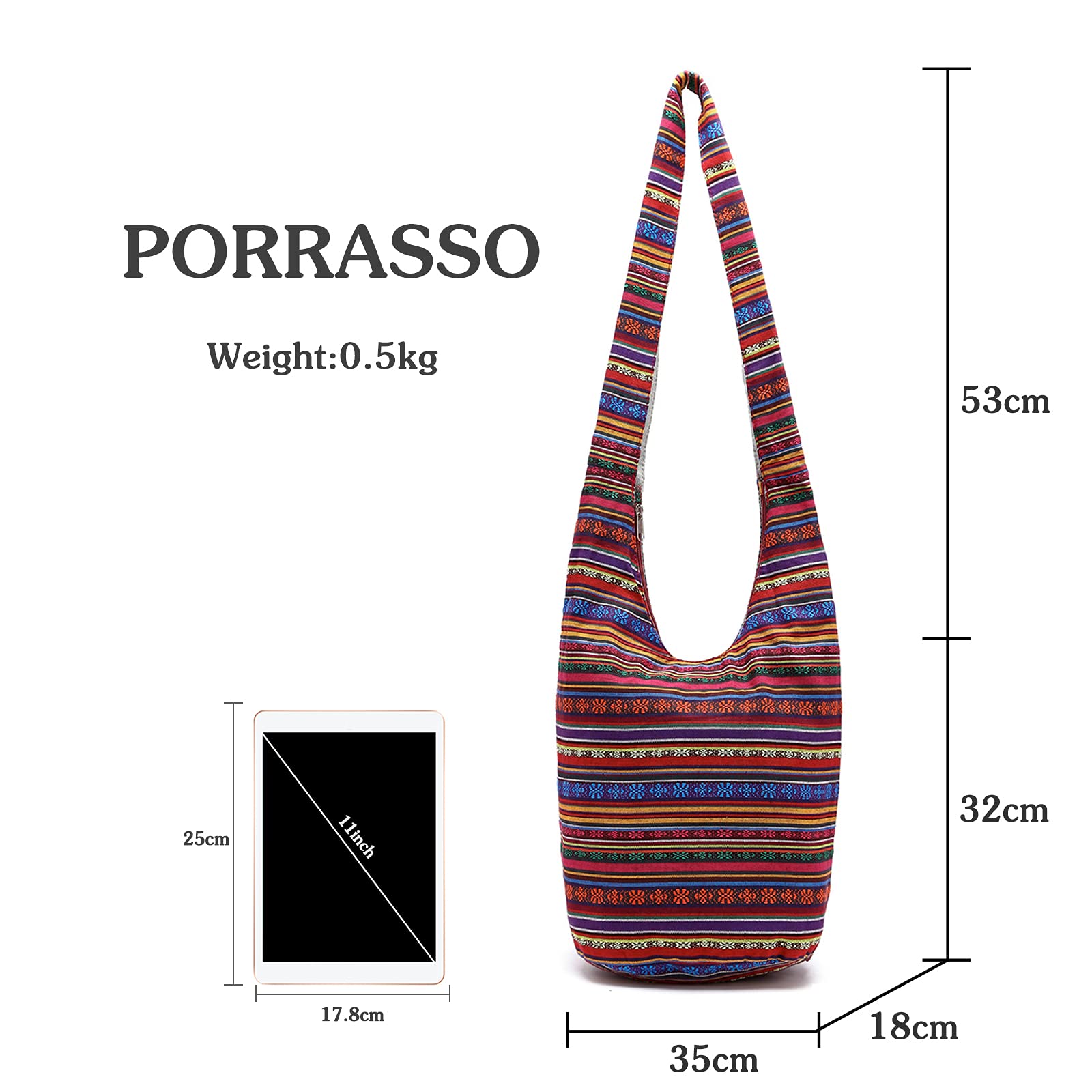 Sac D'épaule Femme Hippie Sac à Bandoulière Poids Léger Sacs à Main pour Voyage Plage École Randonnée Pique-Nique Rouge