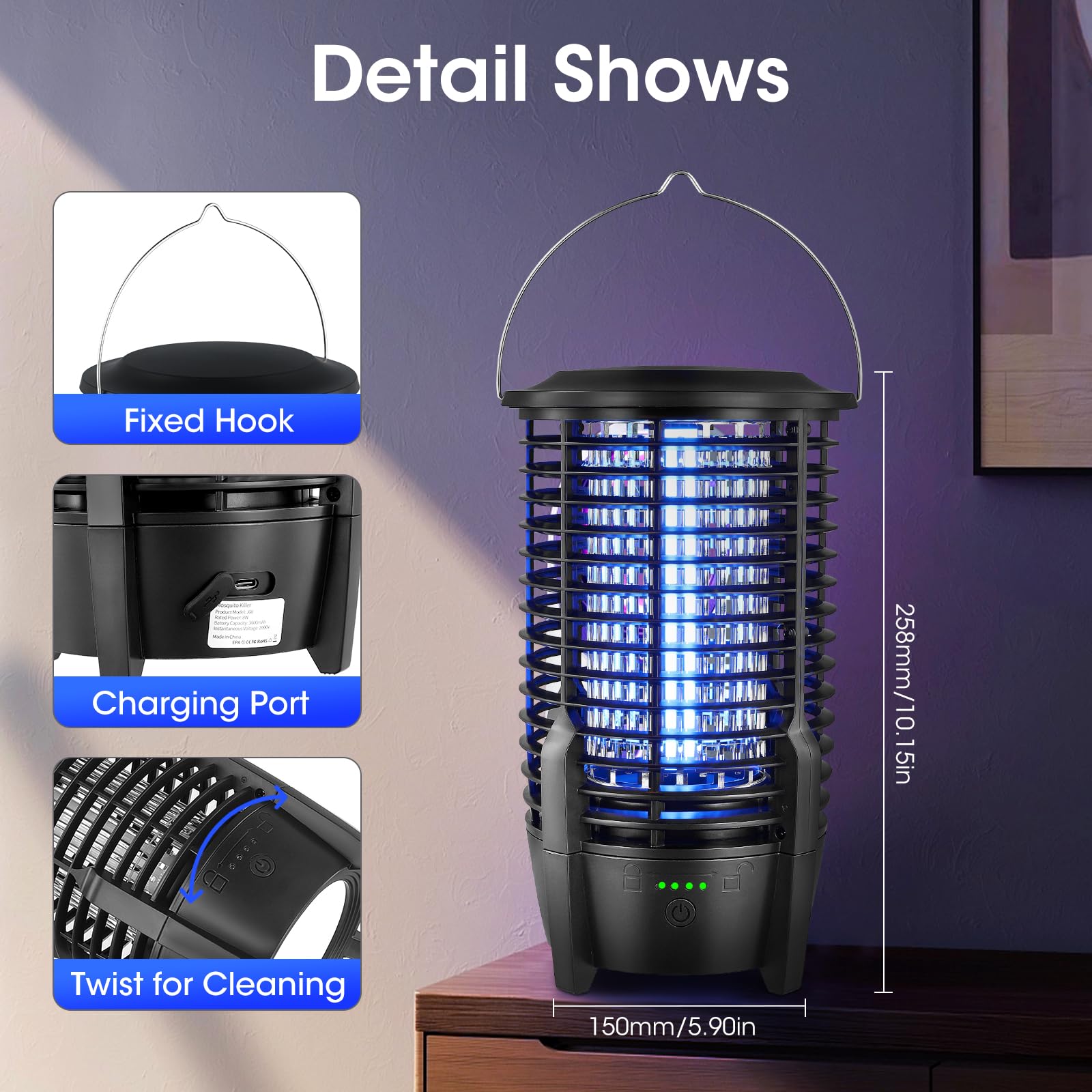 Lampe Anti Moustique 2 en 1 IPX5 Étanche Portable + Crochet USB Rechargeable
