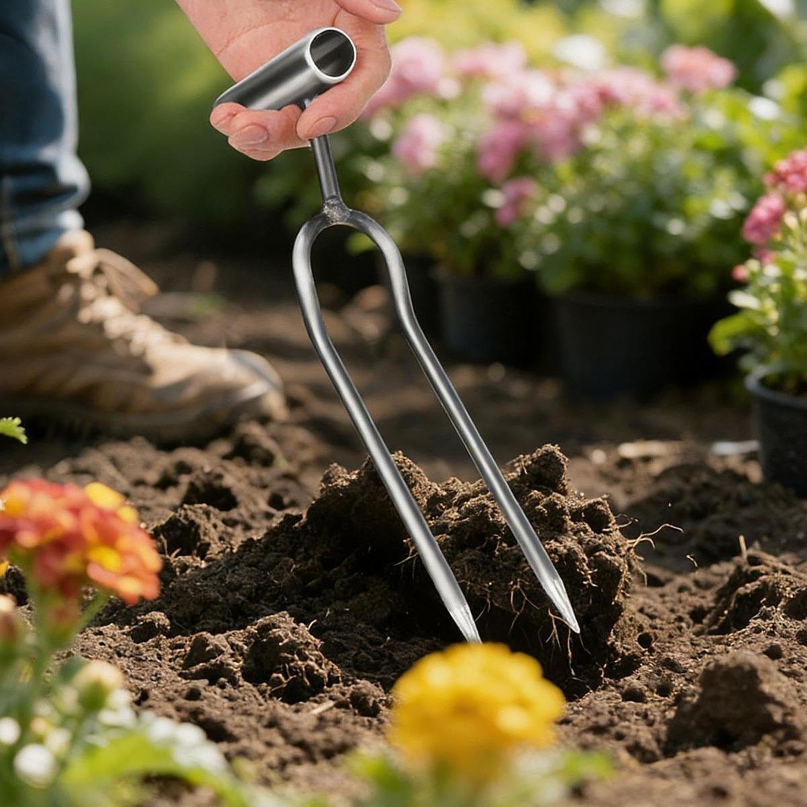 Gralara Outil de Jardinage Manuel à Deux Dents en métal épais, aérateur et désherbeur, 2 Pièces