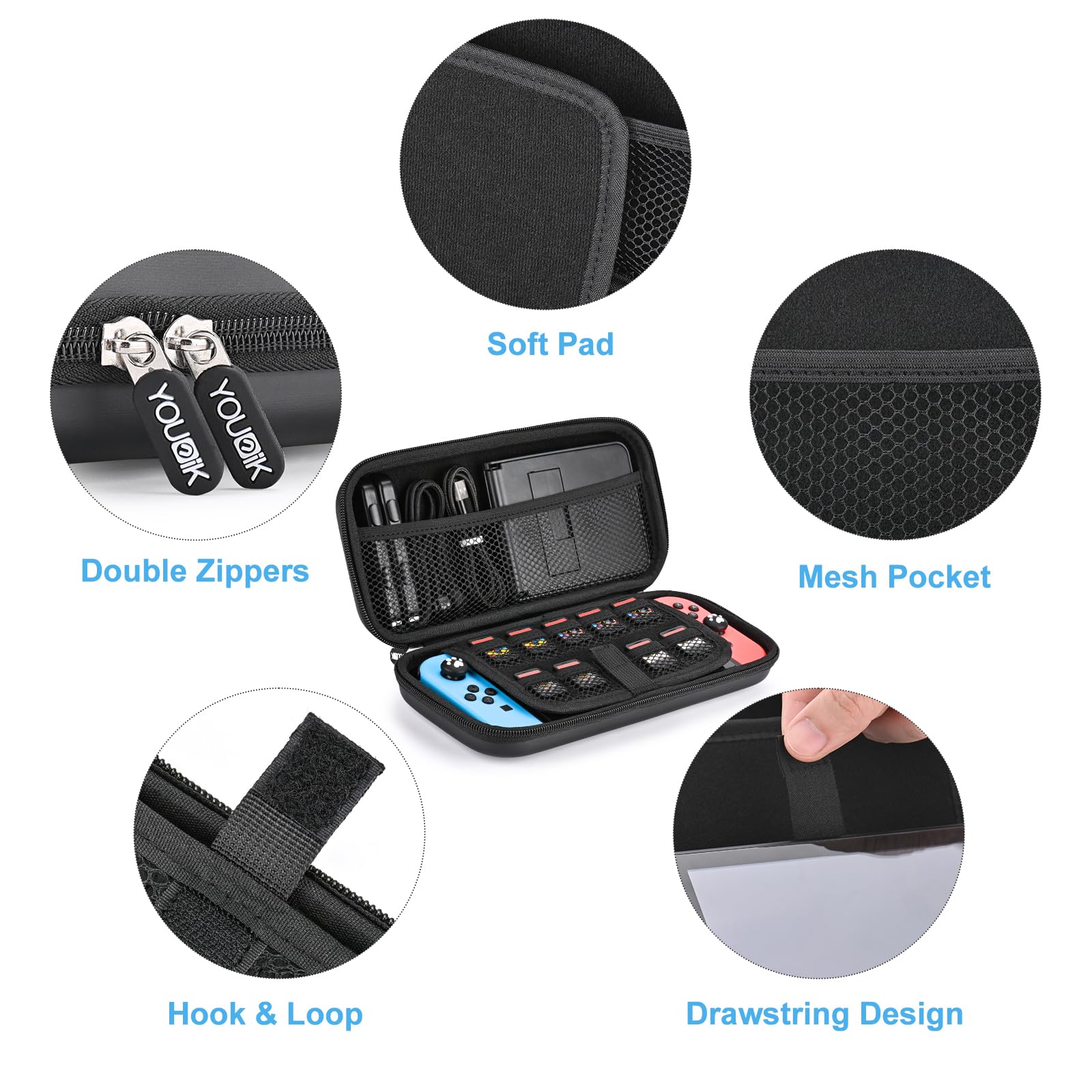 Younik Étui Compatible pour NS Switch/Switch OLED, 11 en 1 Switch Accessoires avec Pochette Housse Coque pour Switch, Protège Pouce,Autocollants Mignons et Pendentifs (Noir)
