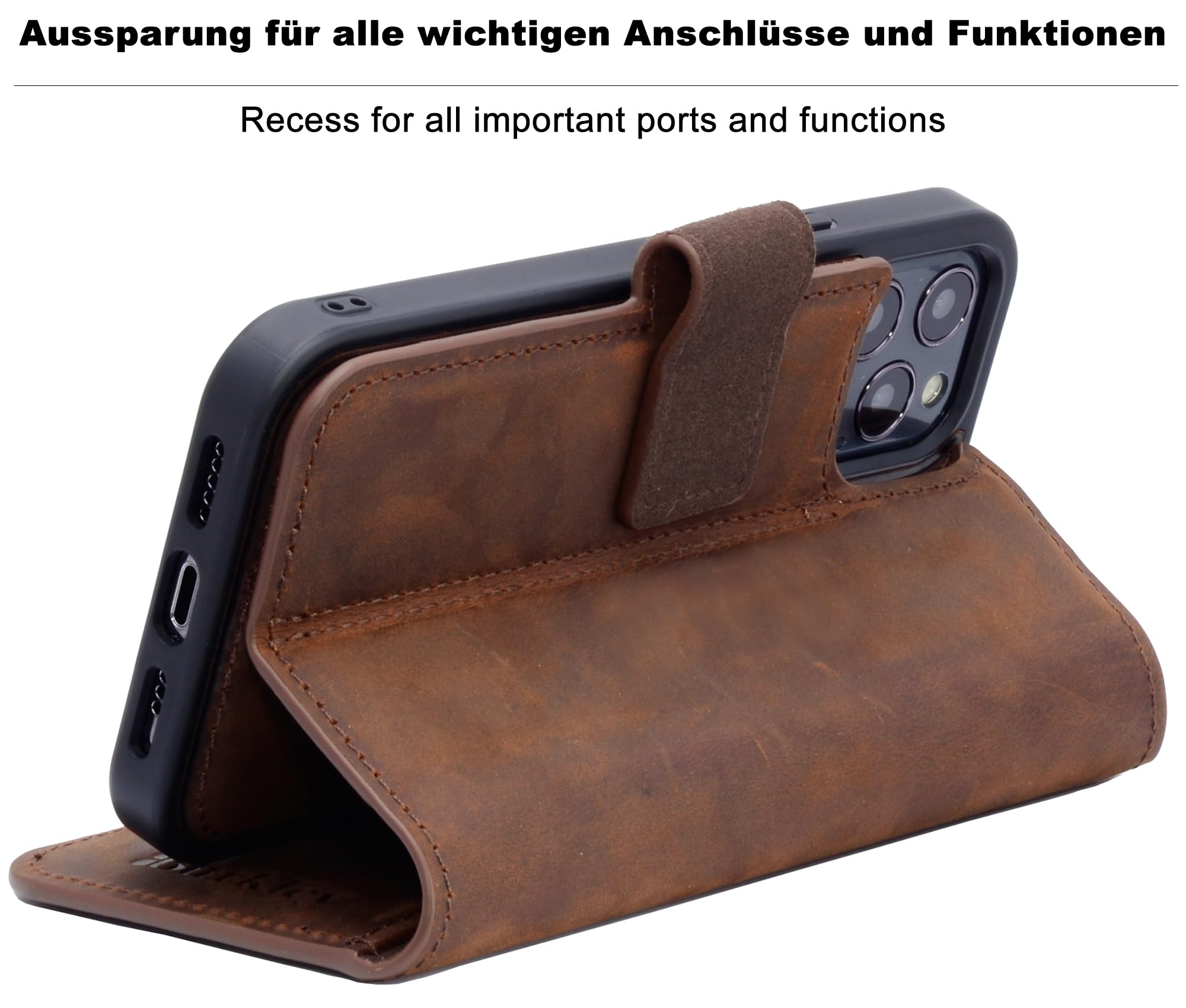 Burkley 2in1 Leder Handytasche für iPhone 14 Handyhülle mit herausnehmbarem Back Cover, 360° Schutz (Antik Coffee)