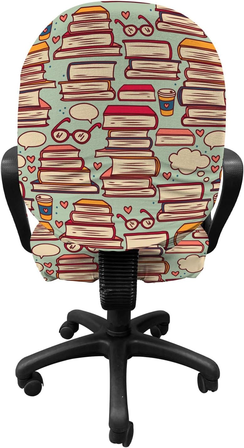 Ambesonne Cartoon Office Chair Slipcover, Stack of Books with Coffee Cups and Eyeglasses Retro Nerdy, Protective Stretch Decorative Fabric Cover, Standard Size, Pink Sage Green