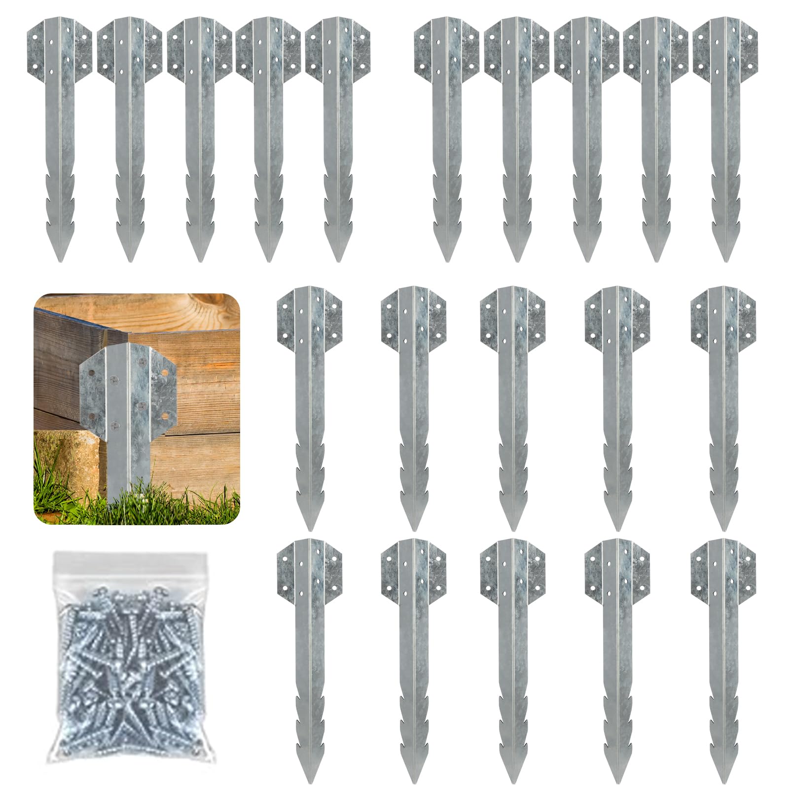 20 Pack Railway Sleeper Brackets, Heavy Duty Galvanised Steel Timber Sleeper Brackets and Fixings, Metal Stakes For Garden, Landscape, Lawn, Driveway Path Edging Edge Spikes