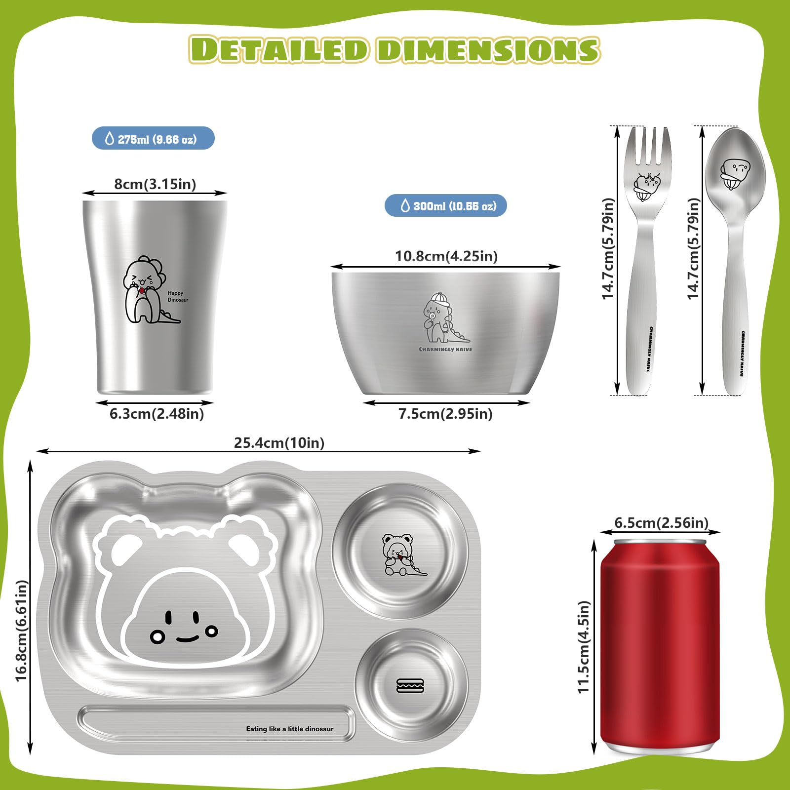 Greentainer Edelstahl Baby Geschirrset, Kindergeschirr-Set aus Edelstahl,5-teiliges Mehrweg Geschirr-Set,Becher, Schüssel, Teller, Löffel & Gabel für Kinder