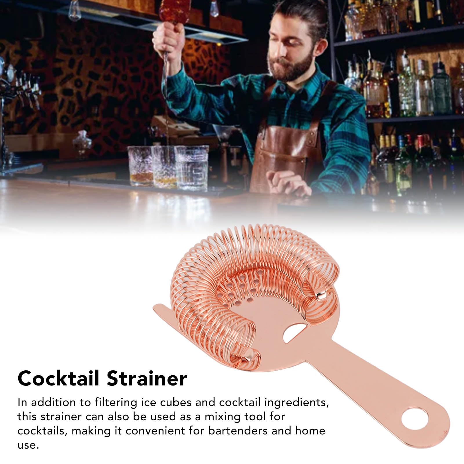 Cocktail Strainer, Stainless Steel Bar Cocktail Strainer Bartender Strainer Drink Strainer Shaker Strainer Ice Bar Shelf Strainer for Drink Home Bartenders(Rose Gold)