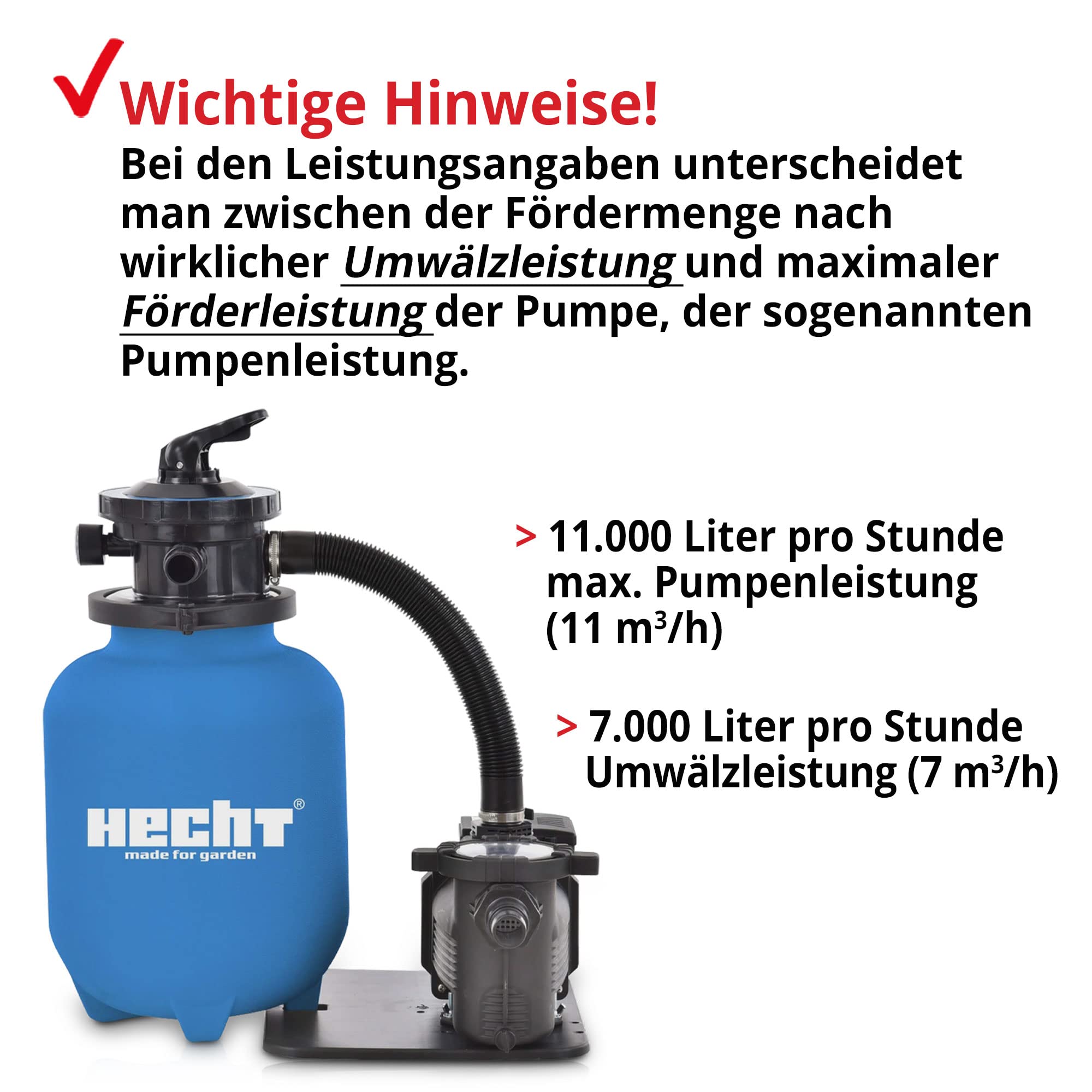 HECHT Sandfilter Sandfilteranlagen 11.000 Liter – Poolfilteranlage Sandfilterpumpe Reinigungspumpe für Gartenpool – Sandfilteranlage Pool - Schwimmbecken Reinigung mit Vorfilter Filter – 7-Wege Ventil