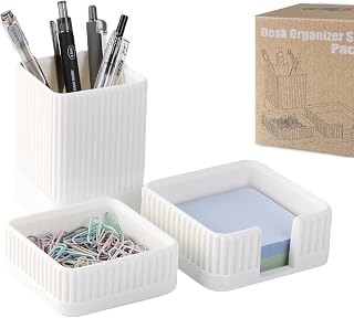 EcoBioPrint Aesthetic Desk Organizer Set of 3: Pen Holder, Paperclip Box & Sticky Note Tray - Modern Minimalist Office Pencil Holder for Teachers & Students