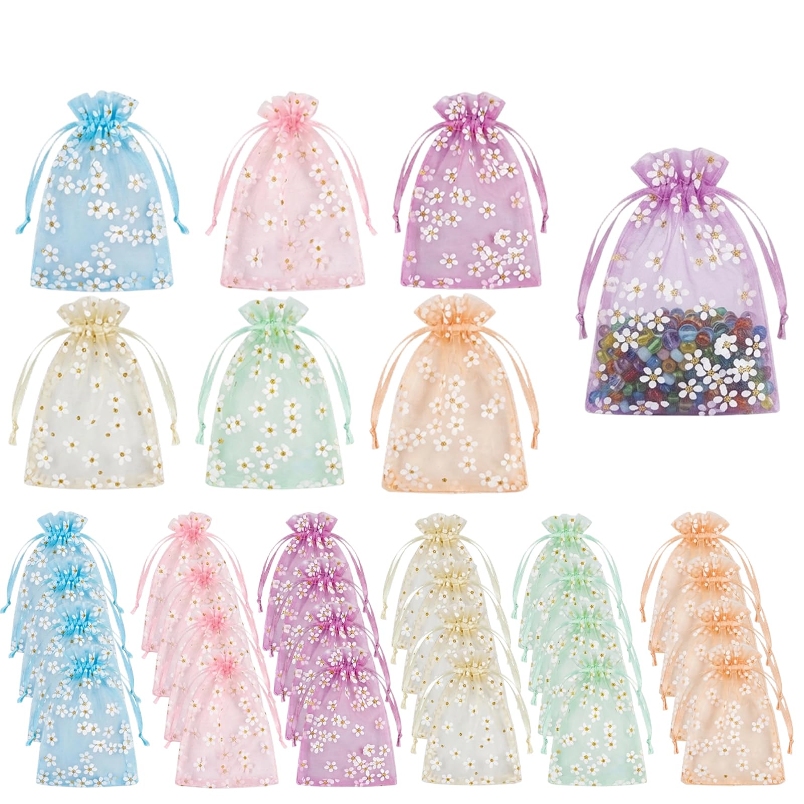 30 Pcs Organza Bags Medium, Drawstring Mesh Gift Bags, Floral Organza Bags 10x15cm for Wedding Favours, Party Gifts and Craft Storage, 6 Colors