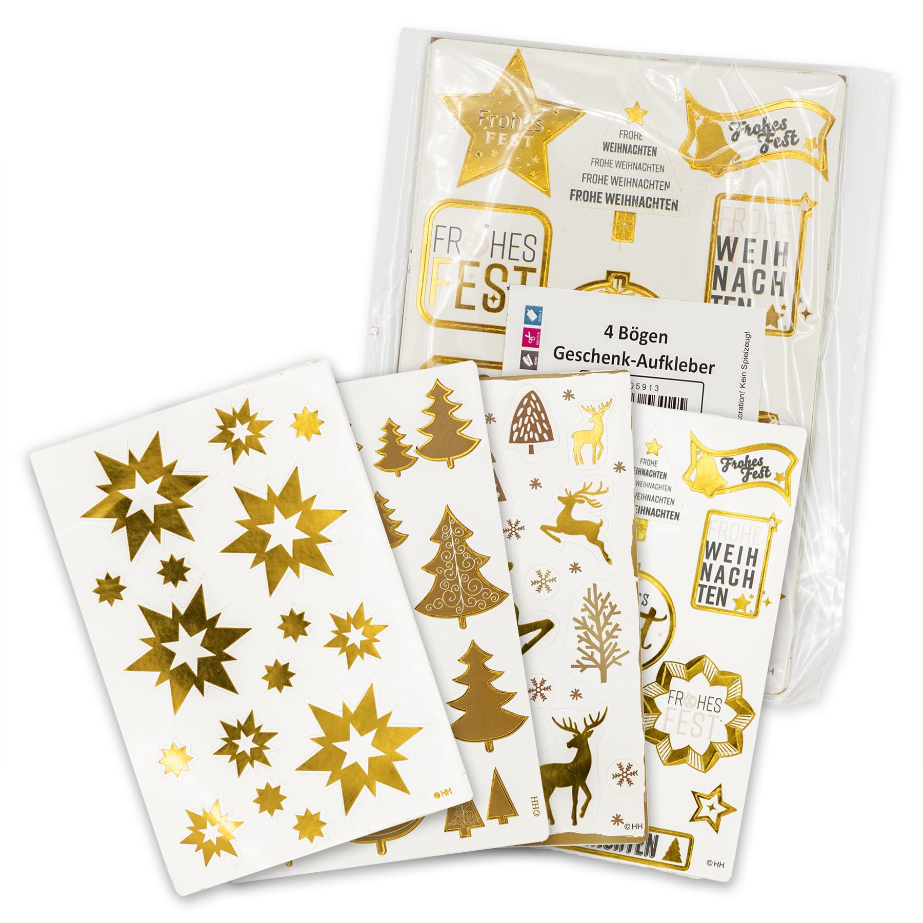 itenga Weihnachtssticker Freiform - Gold, 4 Bögen, verschiedene Größen und Formen
