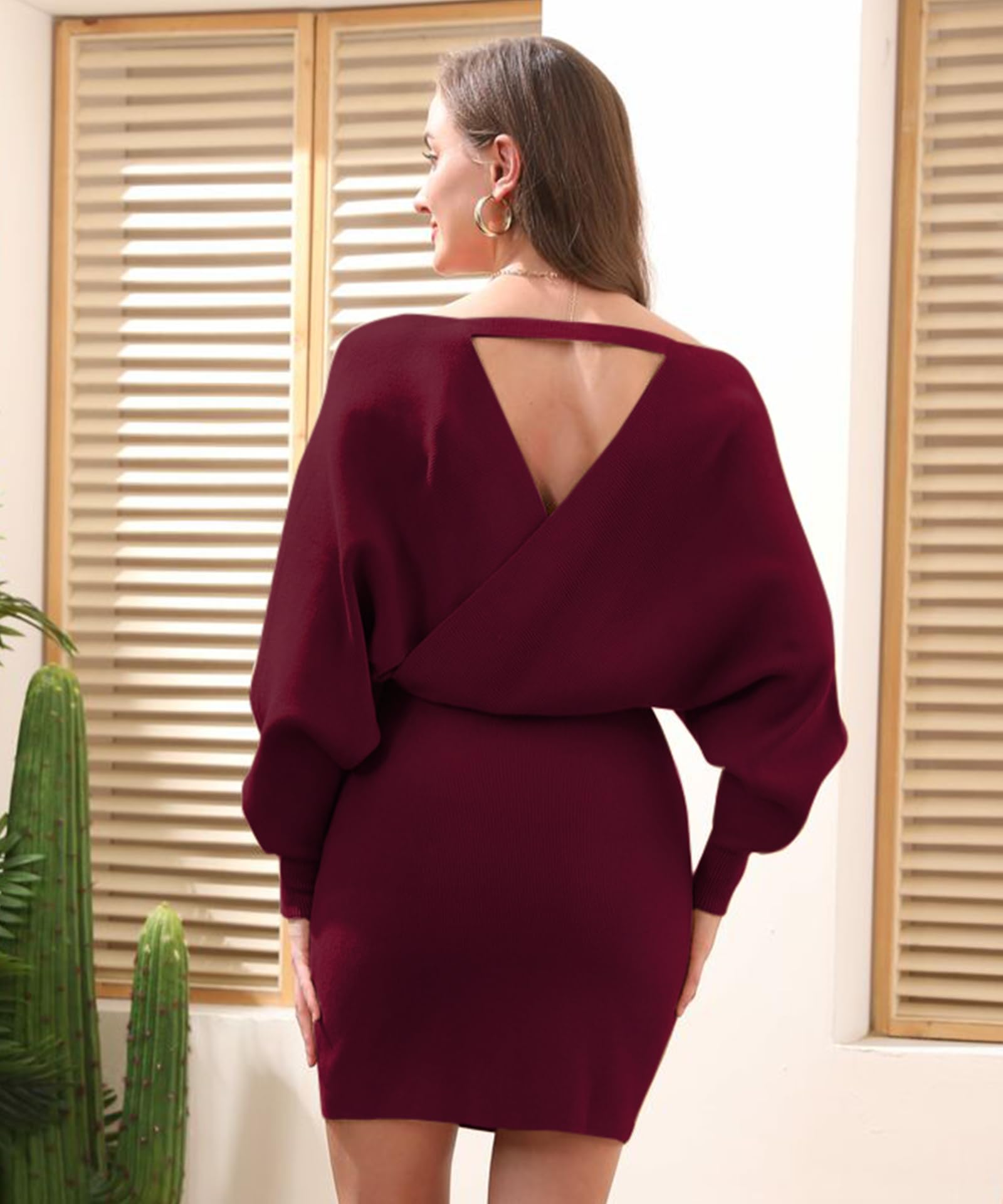 HRUTANE Womens Sweater Dress V Neck Batwing Long Sleeve Wrap Knitted Backless Sexy Bodycon Pullover Dress,Burgundy L