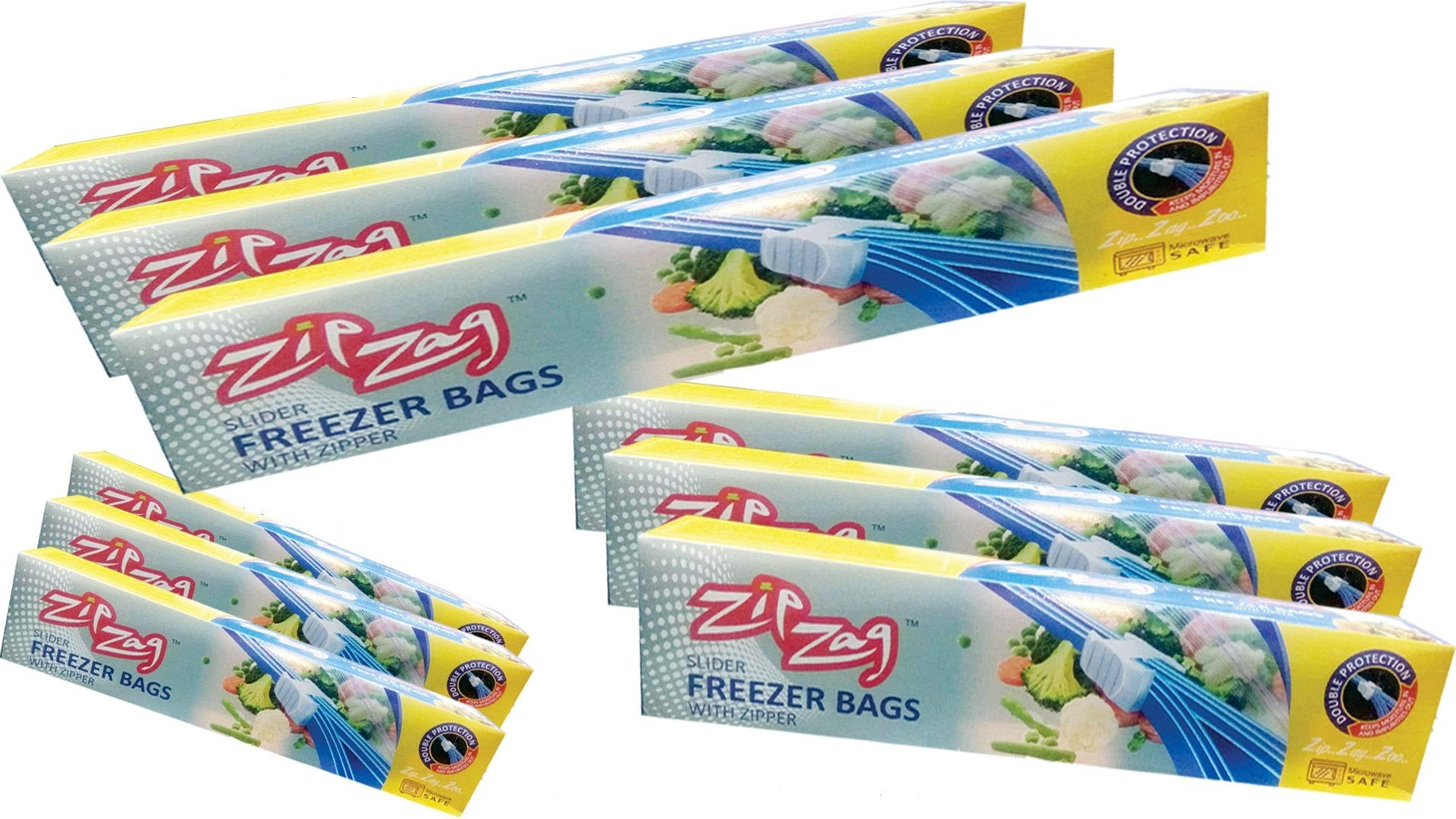 ZIPZAG Zipper Seal Freezer Food Storage Bags Combo Pack(30 Small+ 30 Medium+ 30 Large = 90 Bags),Freezer & Microwave Safe, Convinient & Re-Usable Bags