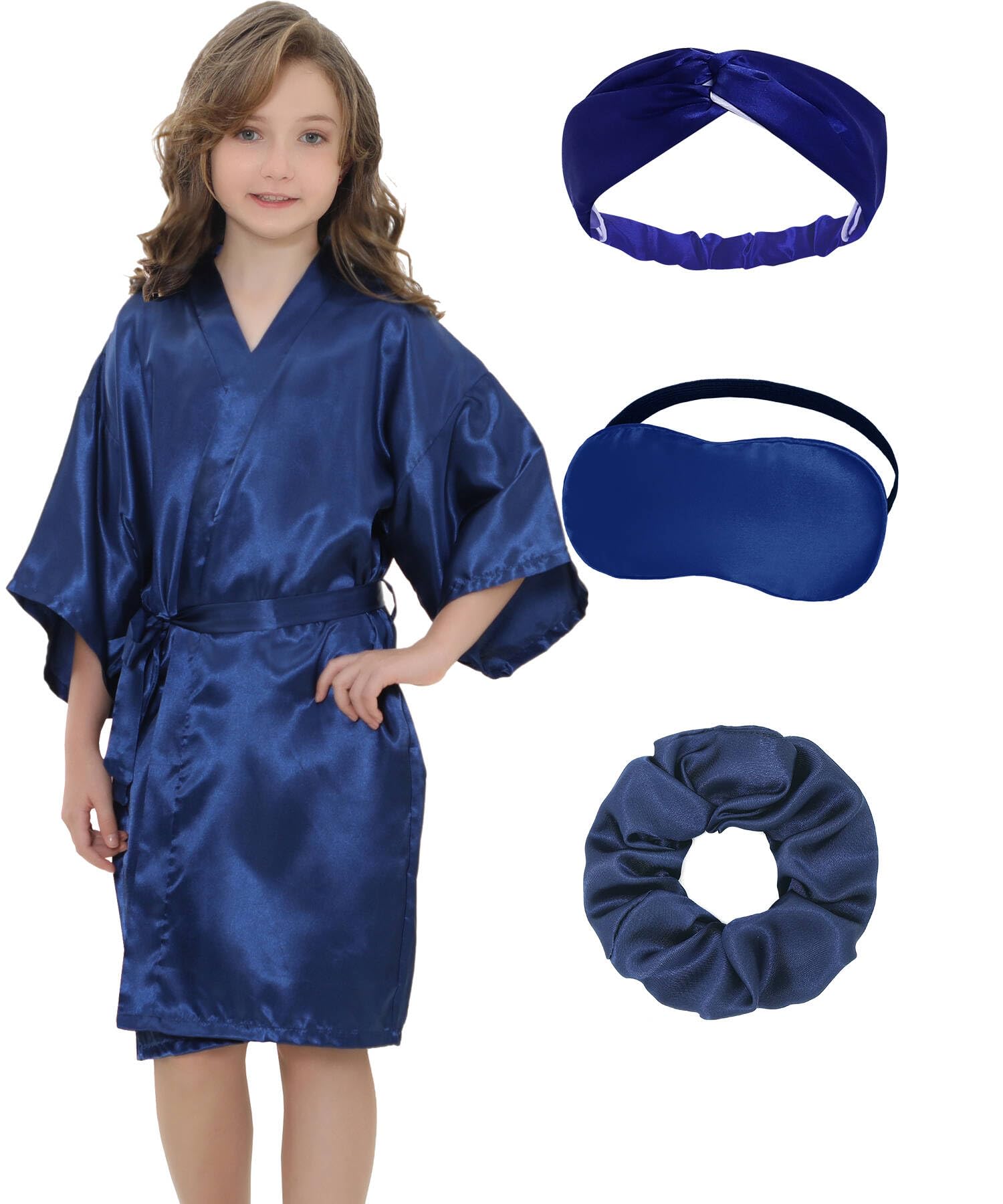 EPLAZA Kids Girls Satin Robe with Hair Band Eye Mask for Birthday Spa Bridal Party Flower Girls Wedding Robes Kimono