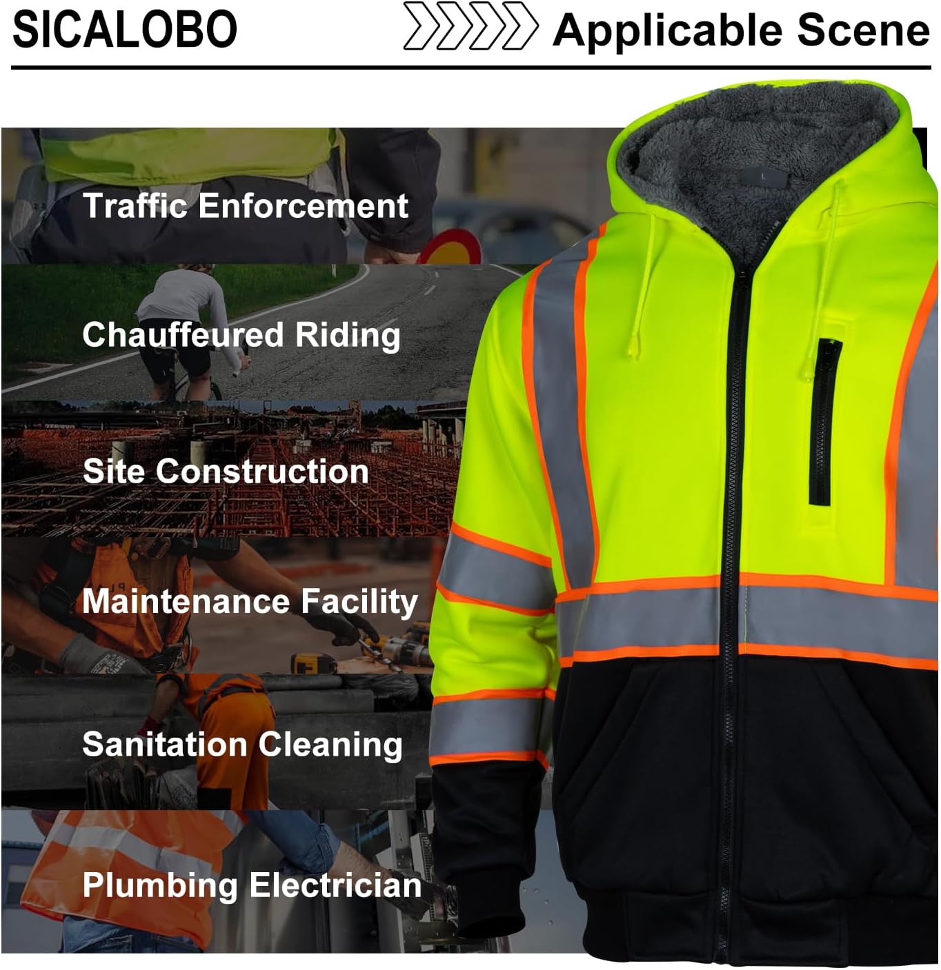 Men's High Visibility Fleece Lined Safety Hoodie,Reflective Winter Bomber Jacket,Hi Vis Construction Workwear - Image 6