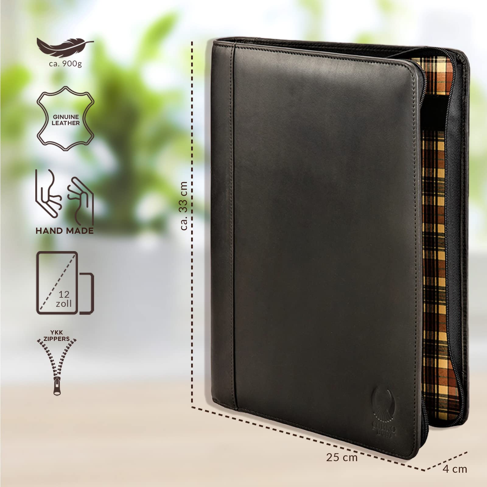 Corno d´Oro Schreibmappe A4 12 Zoll Fach für iPad Tablet I RFID Konferenzmappe Leder mit Reißverschluss I Business Aktenmappe Damen Herren schwarz