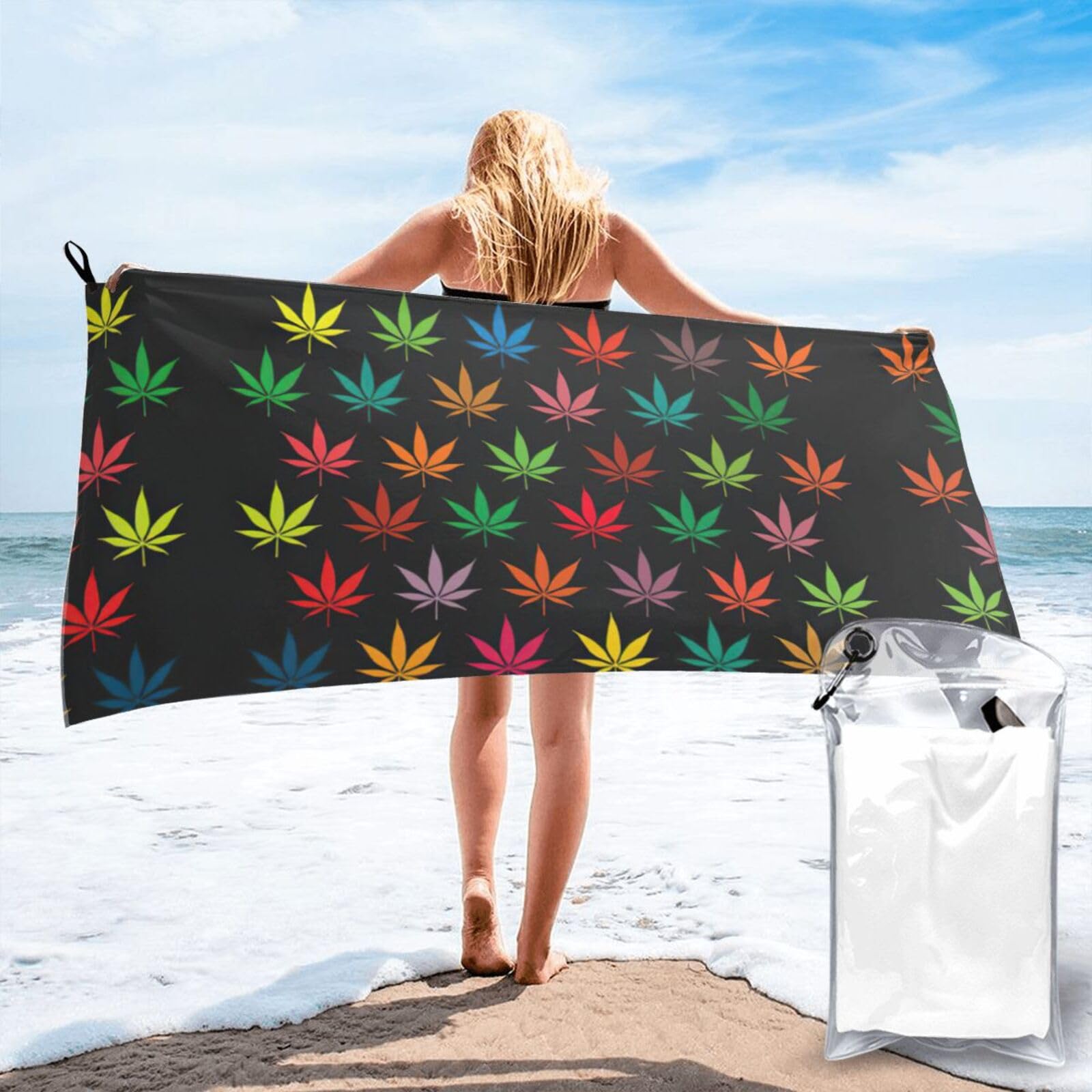 SDEGTHO Colorful Cannabis Leaves Print Beach Towel Quick Dry Portable For Swimming Yoga Adults Fitness