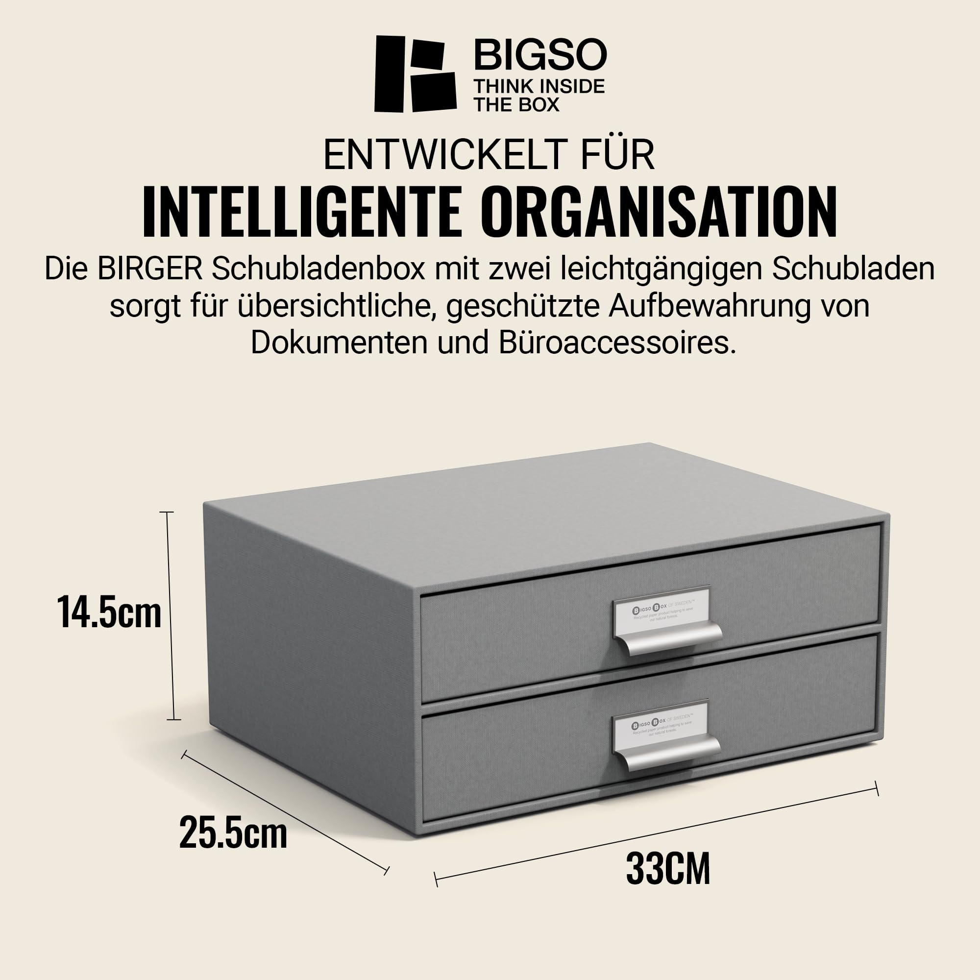 BIGSO BIRGER Schubladenbox – Aufbewahrungsbox mit 2 Schubladen – Schreibtisch Ablage für Dokumente & Bürobedarf – Ablagesystem aus recycelter Faserplatte und Papier – grau