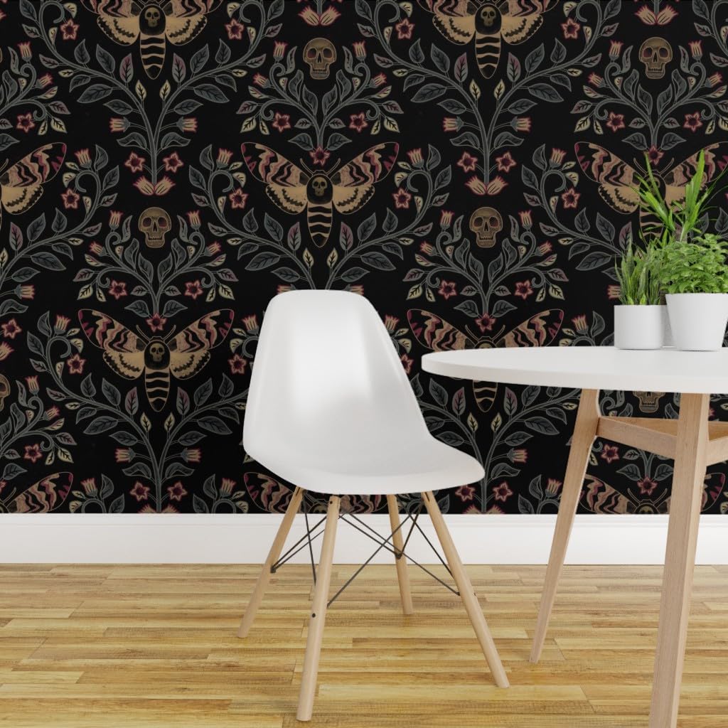 Removable Wallpaper Swatch - Death Head Moth Gothic Belladonna Skull Black Green Large Scale Custom Pre-Pasted Wallpaper by Spoonflower