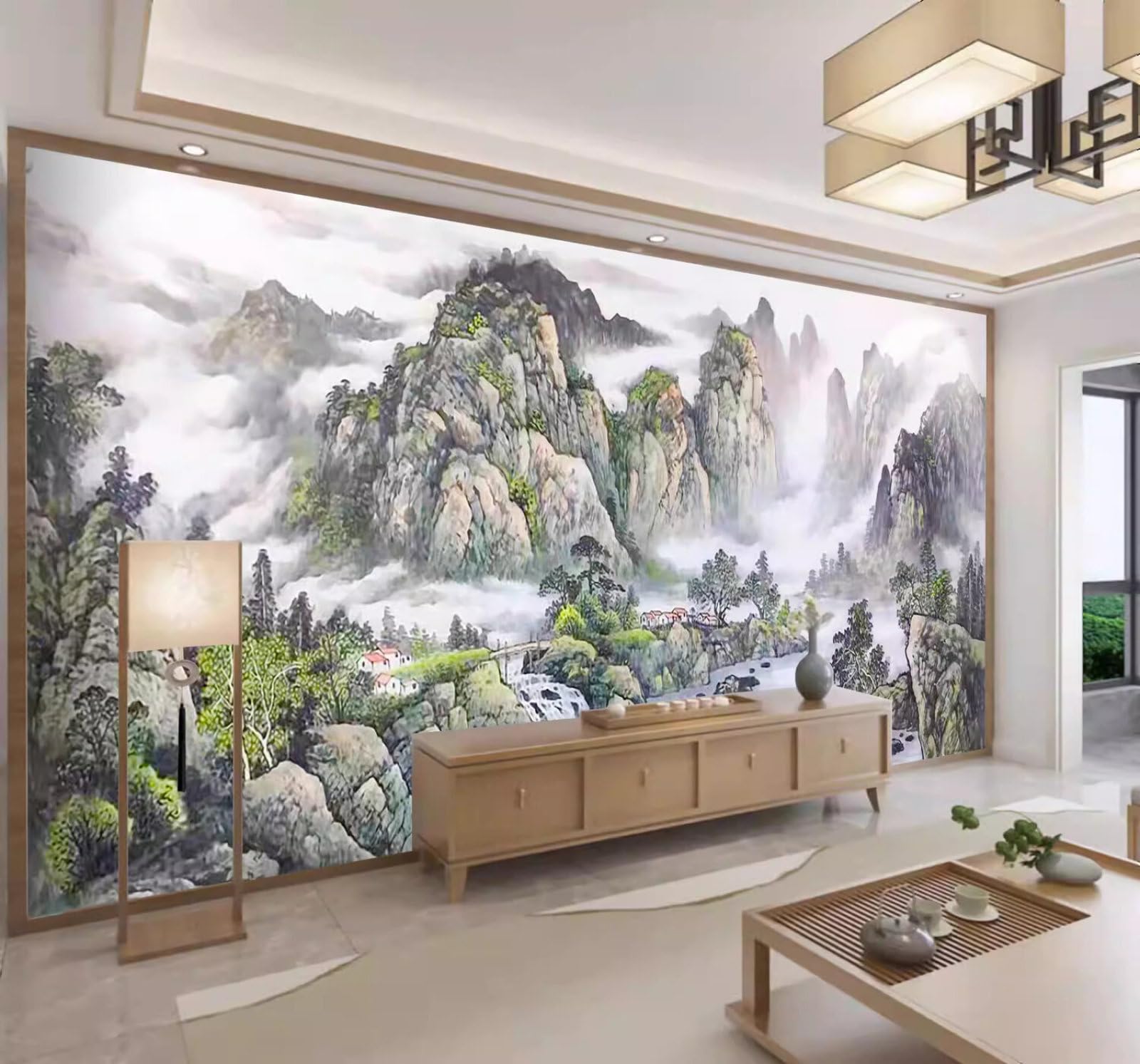 Fresh Three Dimensional Ink Wash Landscape Scenery 3D Wallpaper Easy Install Feature Office Living Room Sofa Bedroom TV Background Wall Decoration-200cm×140cm