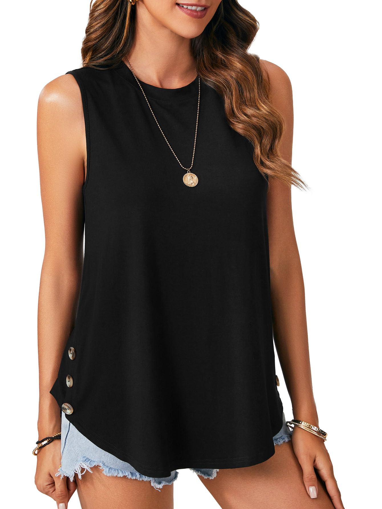 LYANER Women's Crew Neck Ruffle Sleveeless Button Slit Side Casual Tank Top Shirts Blouse