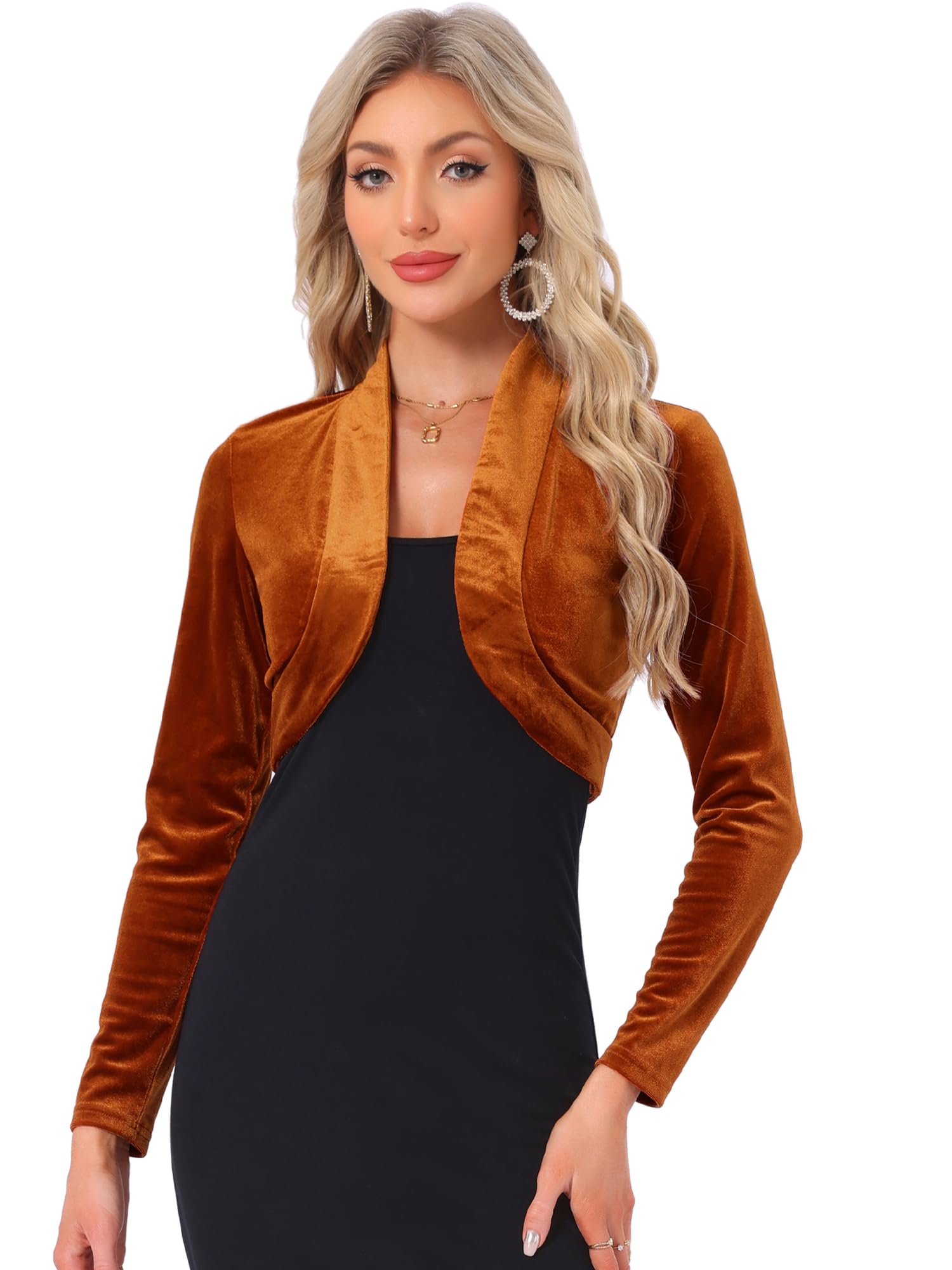 Allegra K Boléro court à manches longues en velours pour femme, caramel, Large