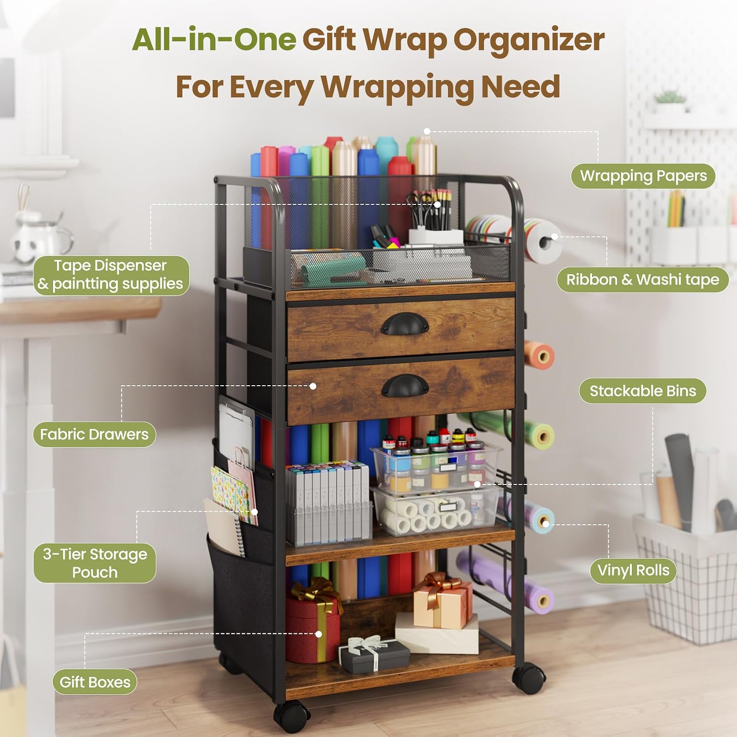 Wrapping Paper Storage Cart with 2 Fabric Drawers, Side Pockets and Hooks