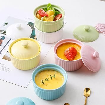 4 oz Ramekins, Porcelain Ramekin with Lid, Set of 5 Assorted Colors Ramekin Bowls, Ramekins for Creme Brulee Oven Safe, Dishwasher Safe