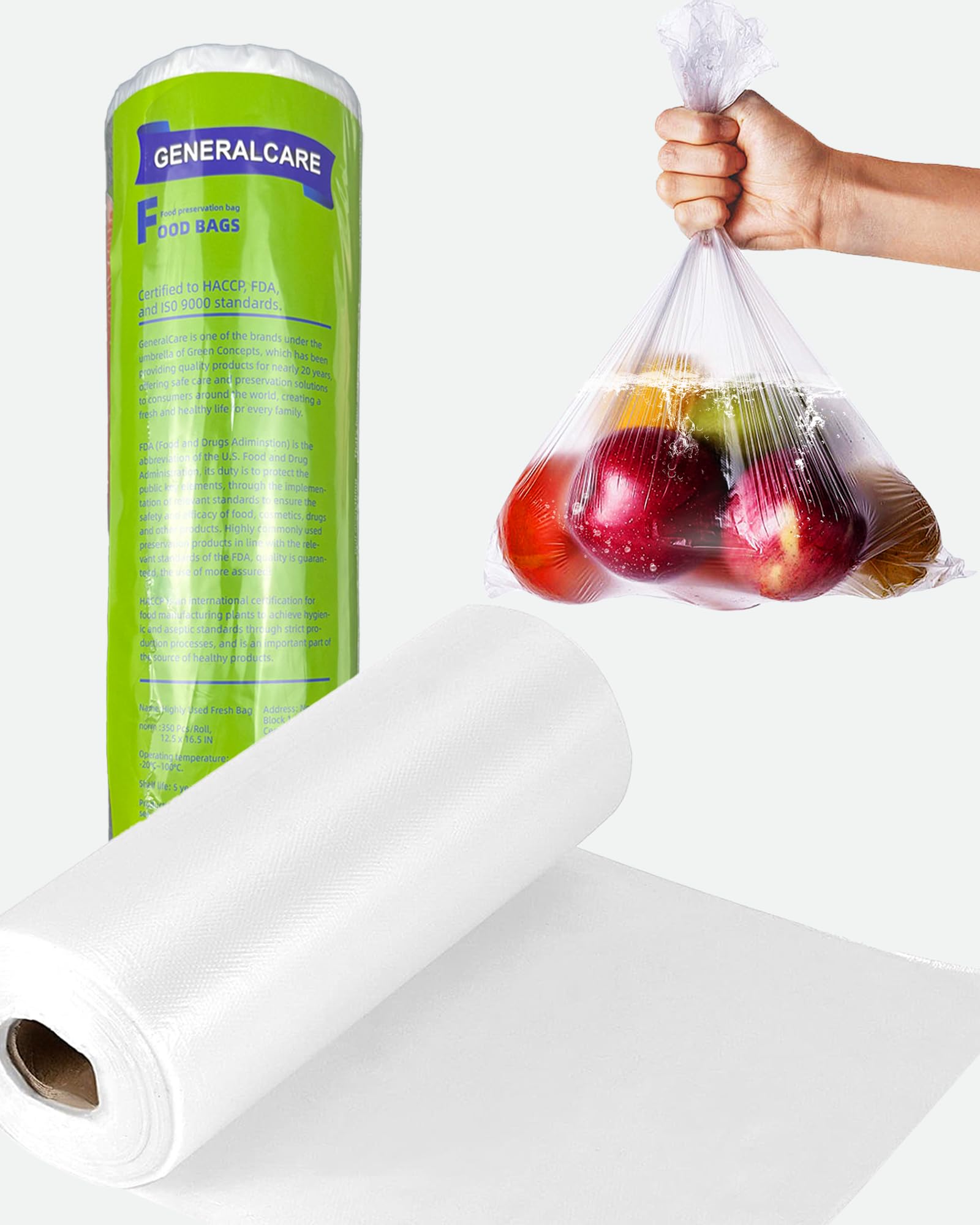 Clear Plastic GENERALCARE Produce Bags, Food Storage Roll Bags, Transparent Embossing, 350 Pcs/Roll, 12.5 x 16.5 IN,BPA Free,Food Storage for Kitchen,
