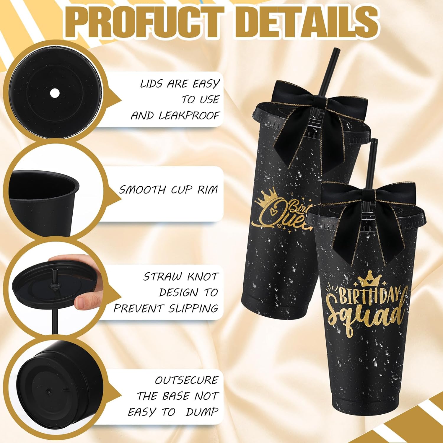 8 Set Birthday Party Glitter Tumblers 24 oz Birthday Squad Birthday Queen Plastic Tumblers with Lid Straw and Twist Bow for Birthday Decorations Party Favor for Women(Black) - Image 3