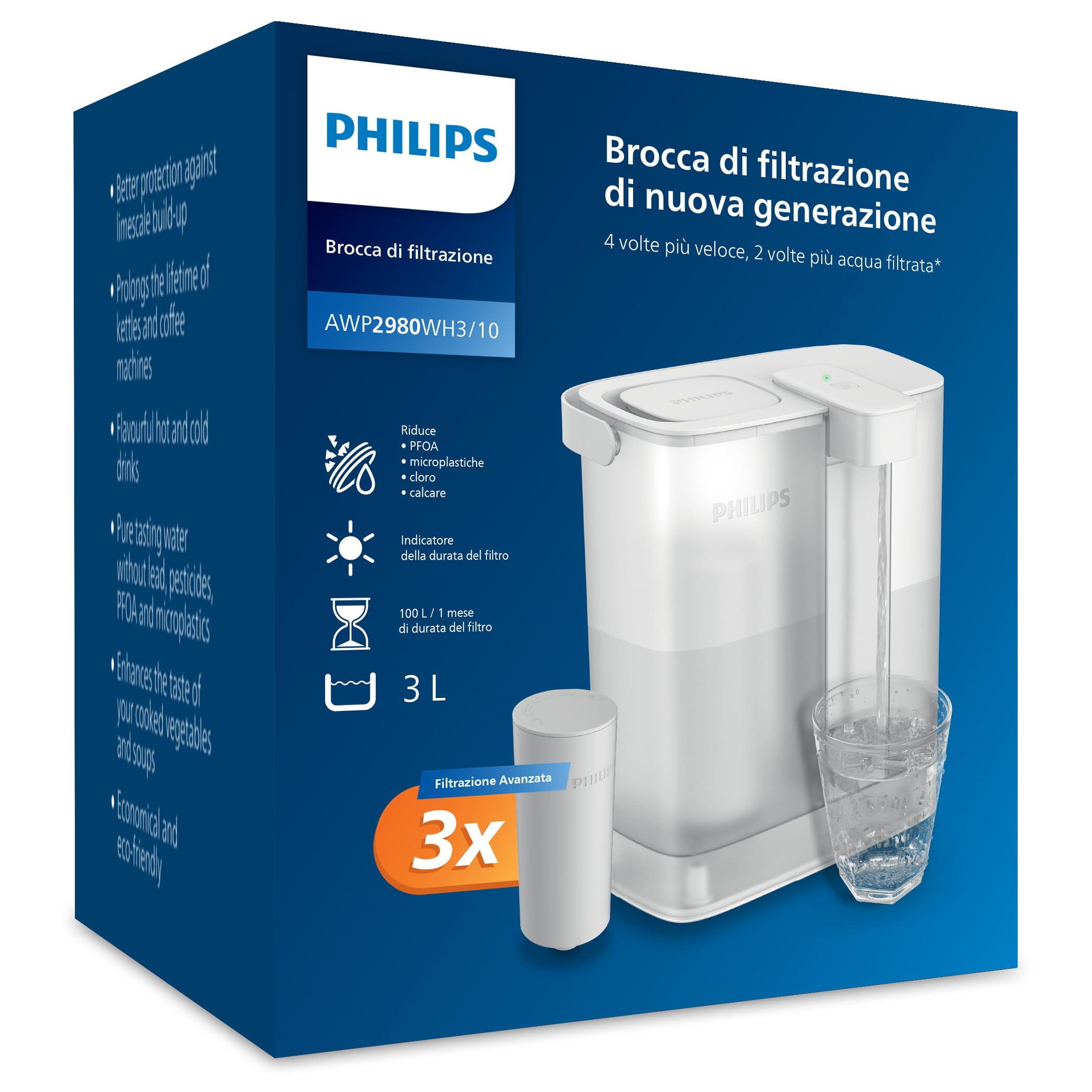 Caraffa filtrante Philips Water Instant (3 L) – Acqua pulita e dal buon gusto in pochi secondi – 3× filtro Taste+, riduce cloro e piombo, preserva i minerali