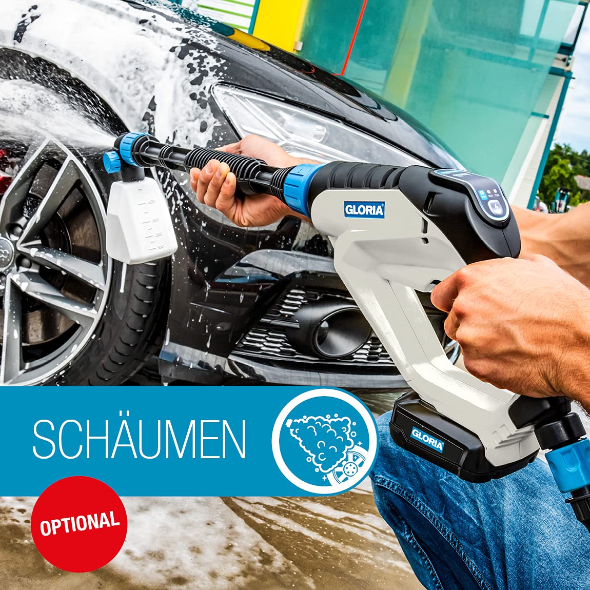GLORIA Akku Sprühsystem MultiJet 18V Set | Mobiler Hochdruckreiniger & Schaumsprüher mit 3 Druckstufen & 4-in-1 Düse | Inkl. Bosch Akku 18V | Für Reinigung, Garten & Pflanzenschutz