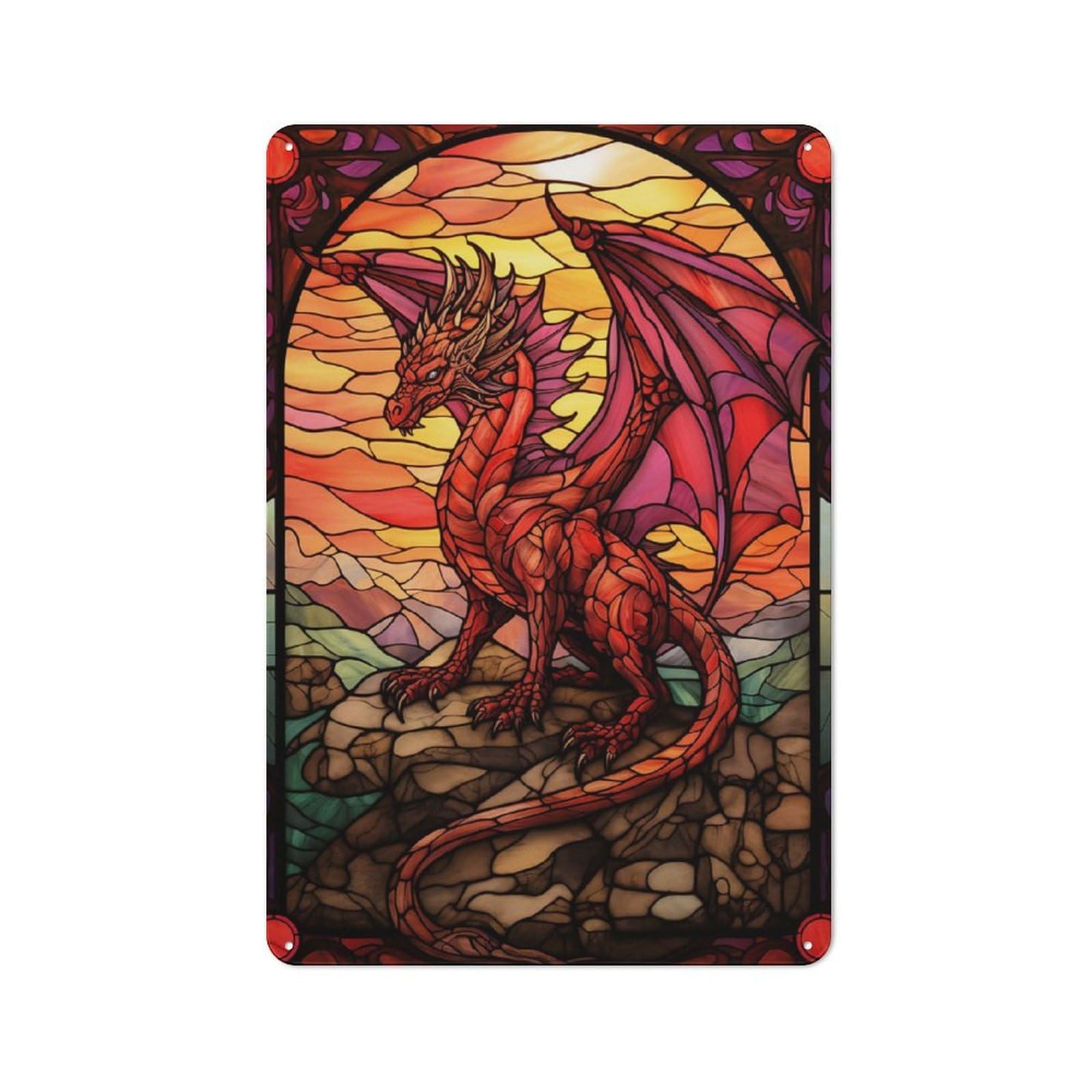 Junmoney Fire Dragon Stained Glass Vintage Tin Sign 30X20cm With For Kitchen Or Home Bar, For Retro Home Interiors, For Cafés, Pubs And Restaurants