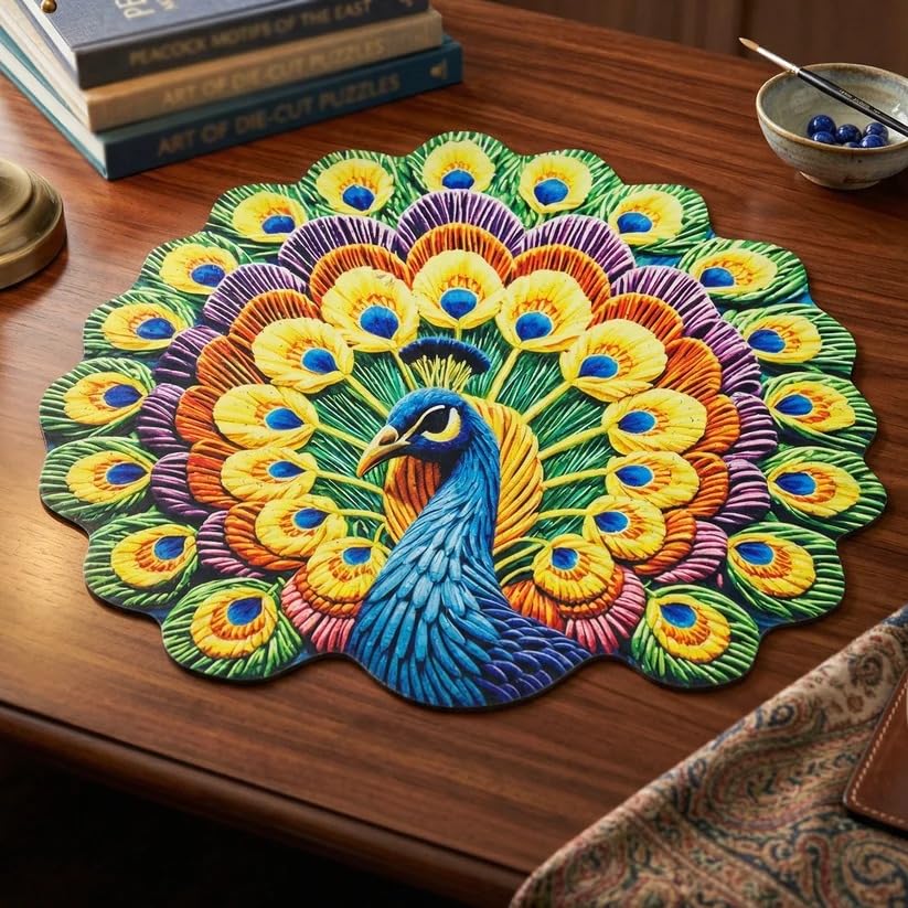 Image of Trendymart Blue Arctic Dream Decore Handmade Peacock Floral Rangoli Mat - Lightweight, Reusable Decorative Floor Mat with Wool Felt Backing (55x 55 cm).