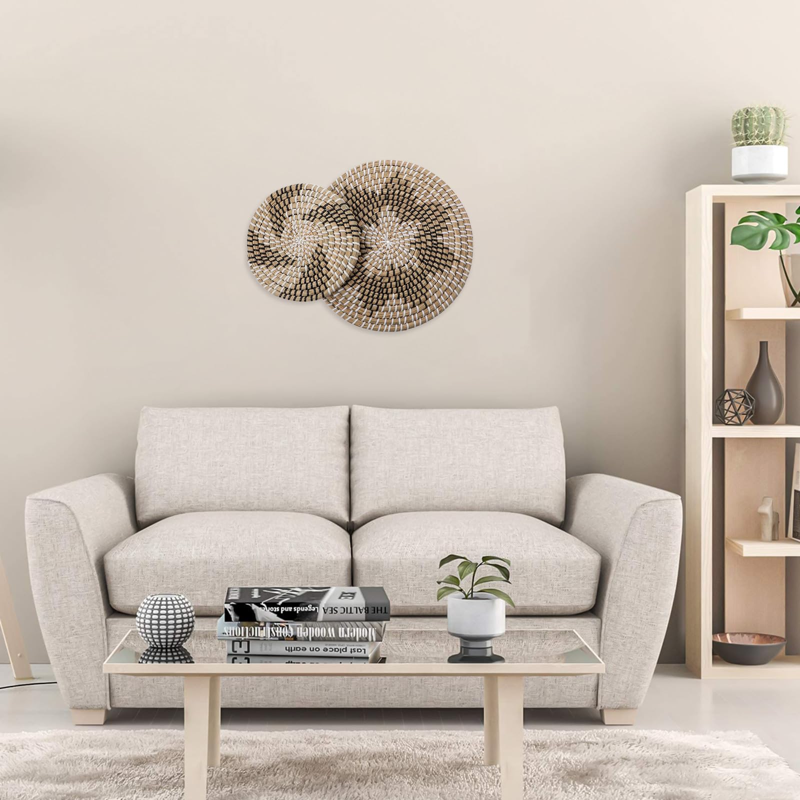 2 Piezas Adorno de Pared Circular Bohemio de Mimbre Beige Diseño