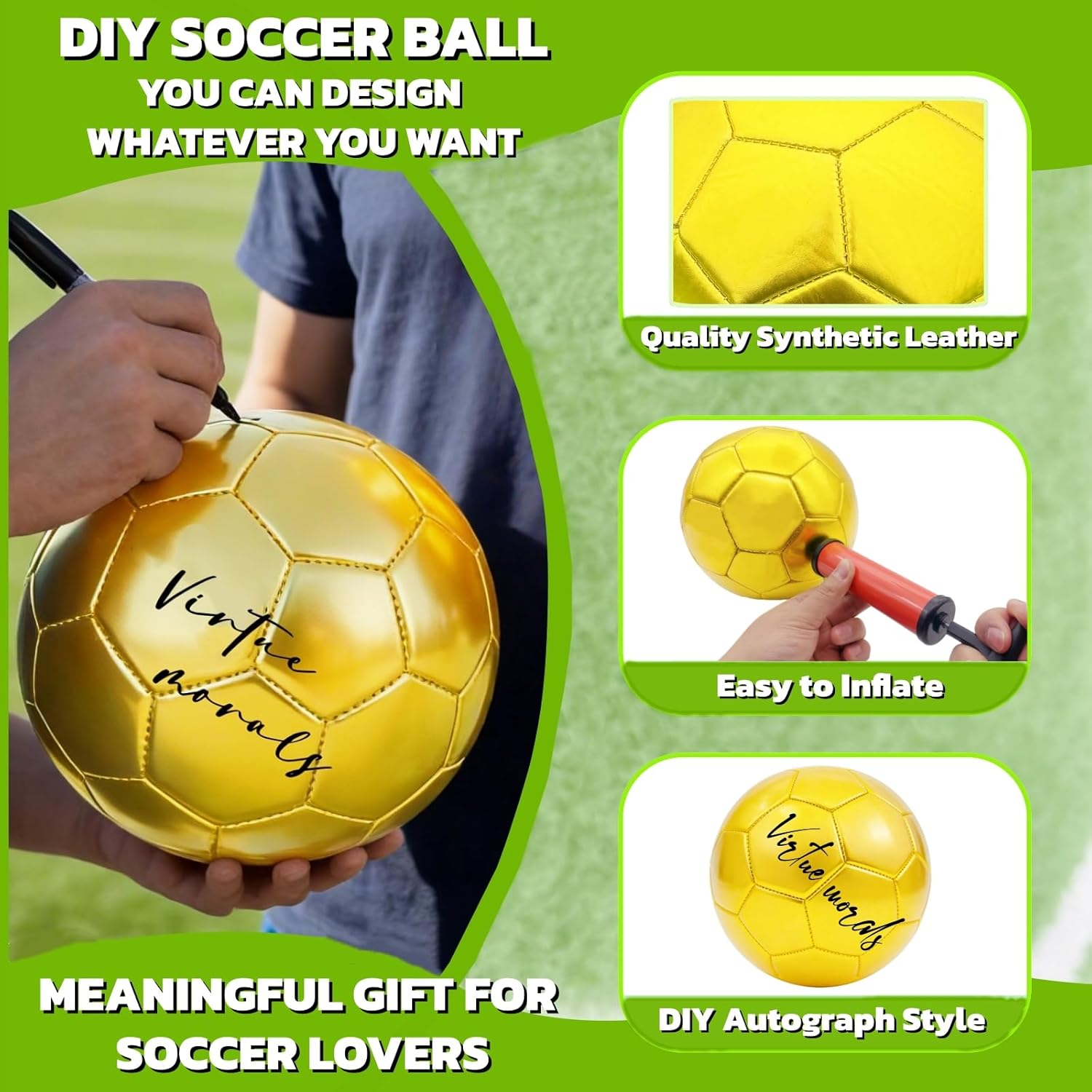 Gold Soccer Ball Size 3, DIY Autograph Football, with Air Pump Display Stand for Trophies, Awards, Championship Party