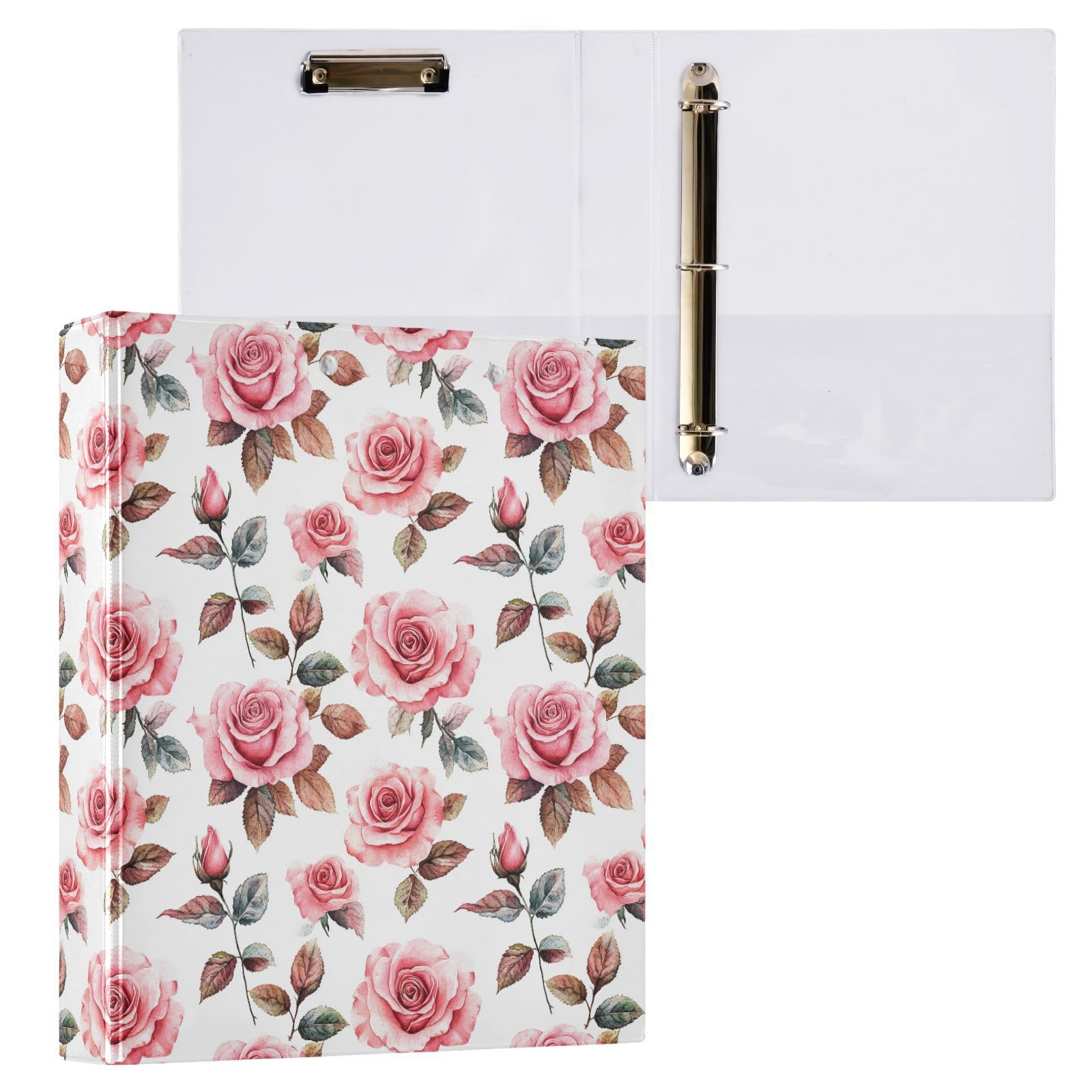 CWUPZAY 3 Ring Binder Pink Roses Binder 1.5 inch with Clipboard PVC Pockets Fit 8.5 x 11 Inch Paper for School Office Supplies 1 Pack