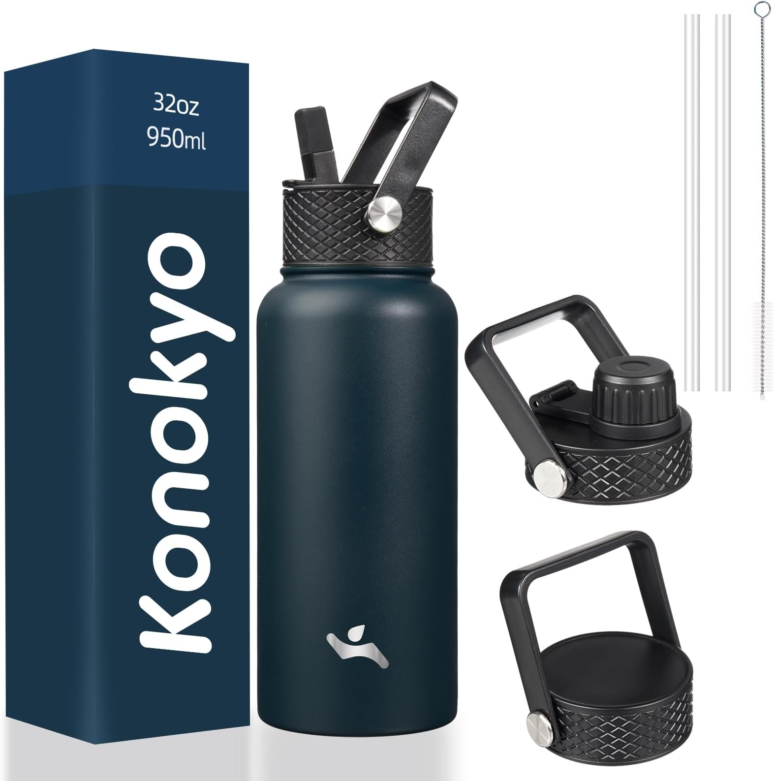 Konokyo 32 oz Insulated Water Bottle Stainless Steel Sport Bottles with 3 Lids,Navy Blue