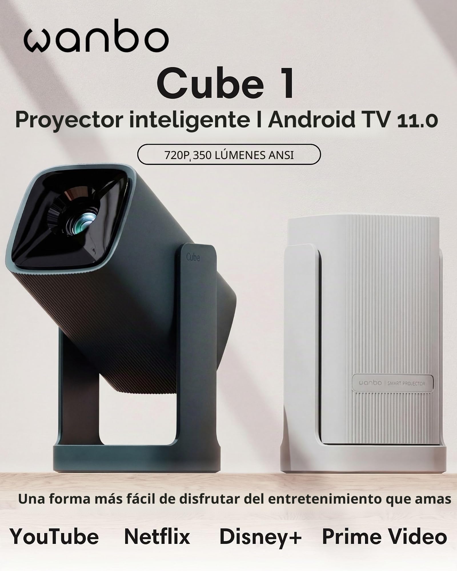 Wanbo Cube 1 Pro - Proyector Inteligente con Android TV y Google Play - Mini proyector portátil Compacto y Altavoz Bluetooth de 8 W, corrección Keystone, Cine en casa para Espacios pequeños